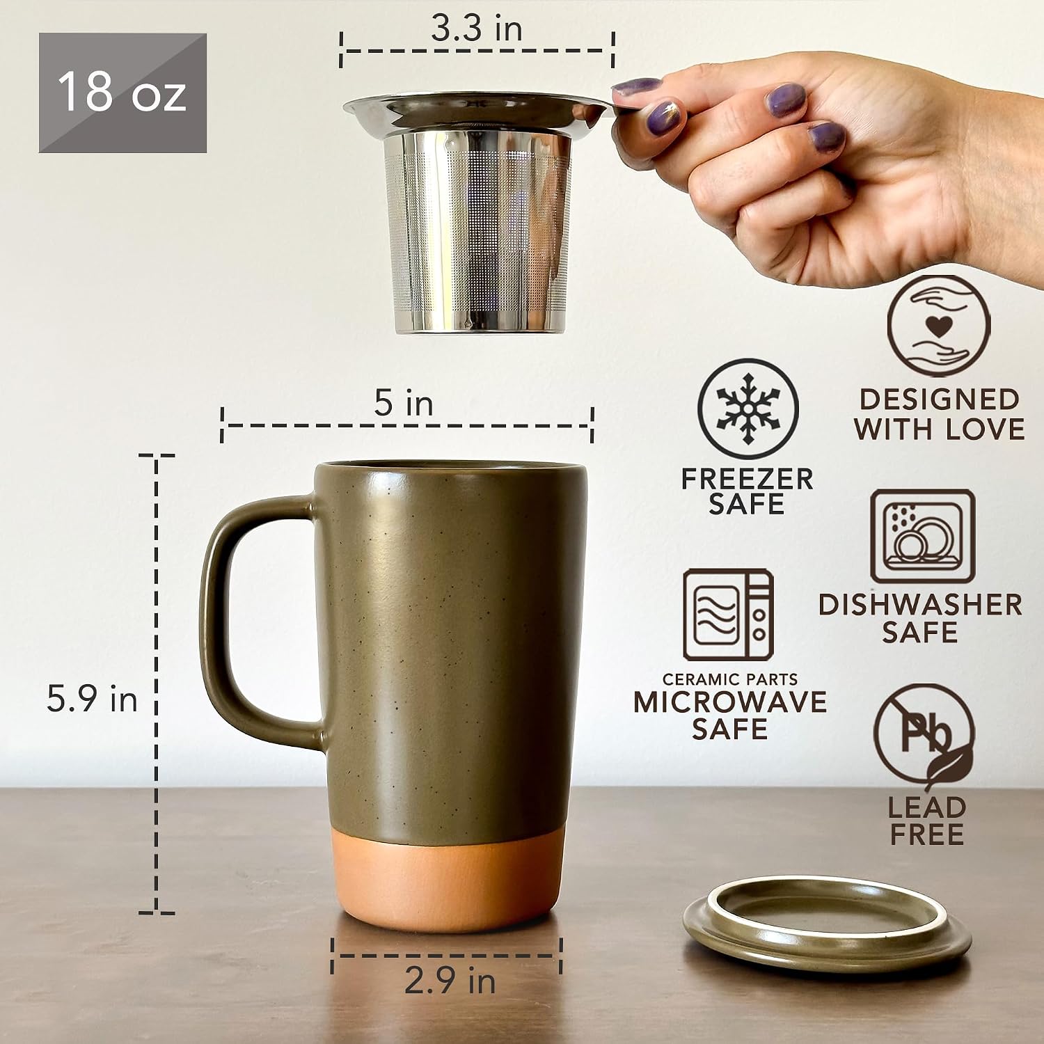Mora Ceramics Large Tea Mug with Loose Leaf Infuser and Ceramic Lid, 18 oz, Portable, Microwave and Dishwasher Safe