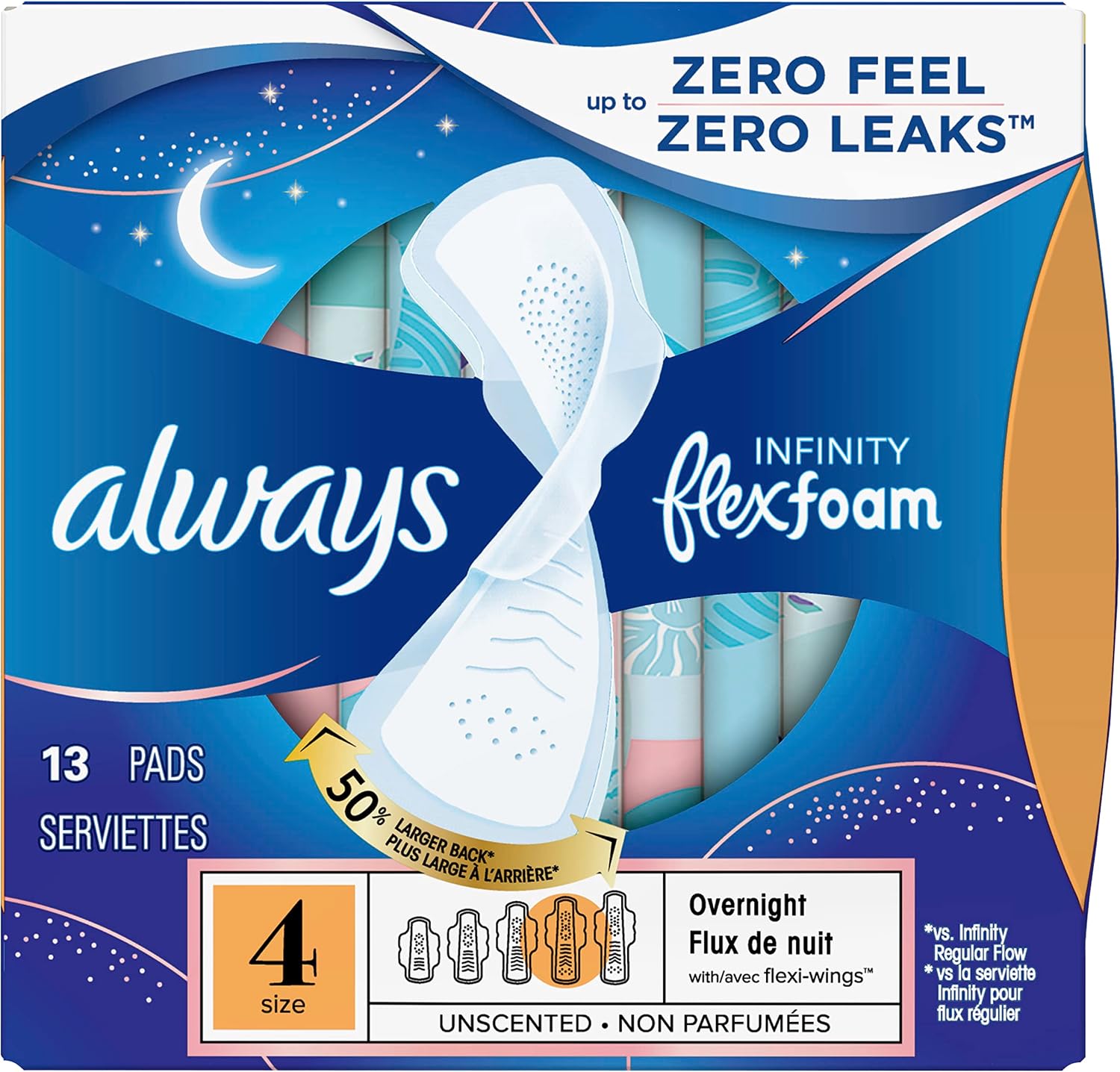 Always Infinity Feminine Pads for Women, Flexfoam Pads with Wings, Size 4, Overnight Absorbency, Unscented, 38 Count