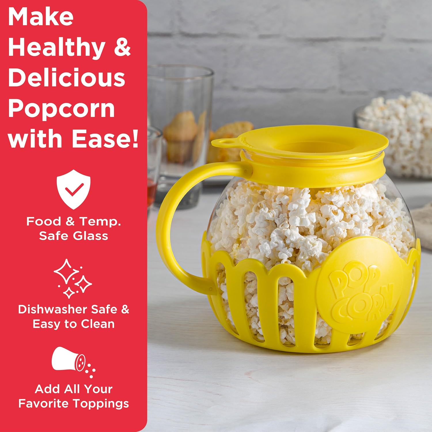 Ecolution Patented Micro-Pop Microwave Popcorn Popper with Temperature Safe Glass, 3-in-1 Lid Measures Kernels and Melts Butter, Made Without BPA, Dishwasher Safe, 3-Quart, Red
