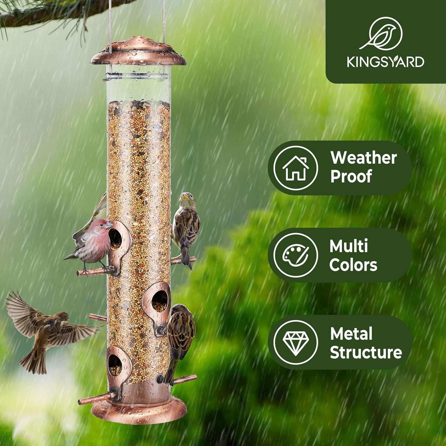 Kingsyard Metal Tube Bird Feeders for Outdoors Hanging | 6-Port with 360° Feeding, No-Spill Design, 2 lb Seed Capacity, Attracts Finches & Songbirds
