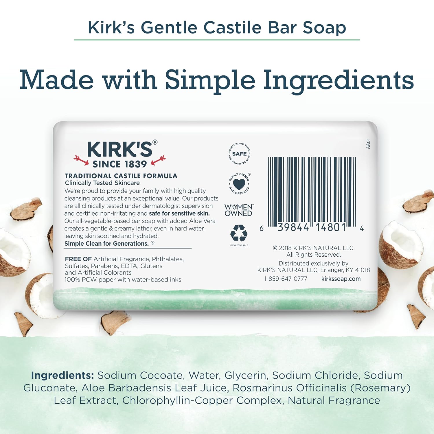 Kirk's Original Coco Castile Soap Fragrance Free 4 oz, Pack 18