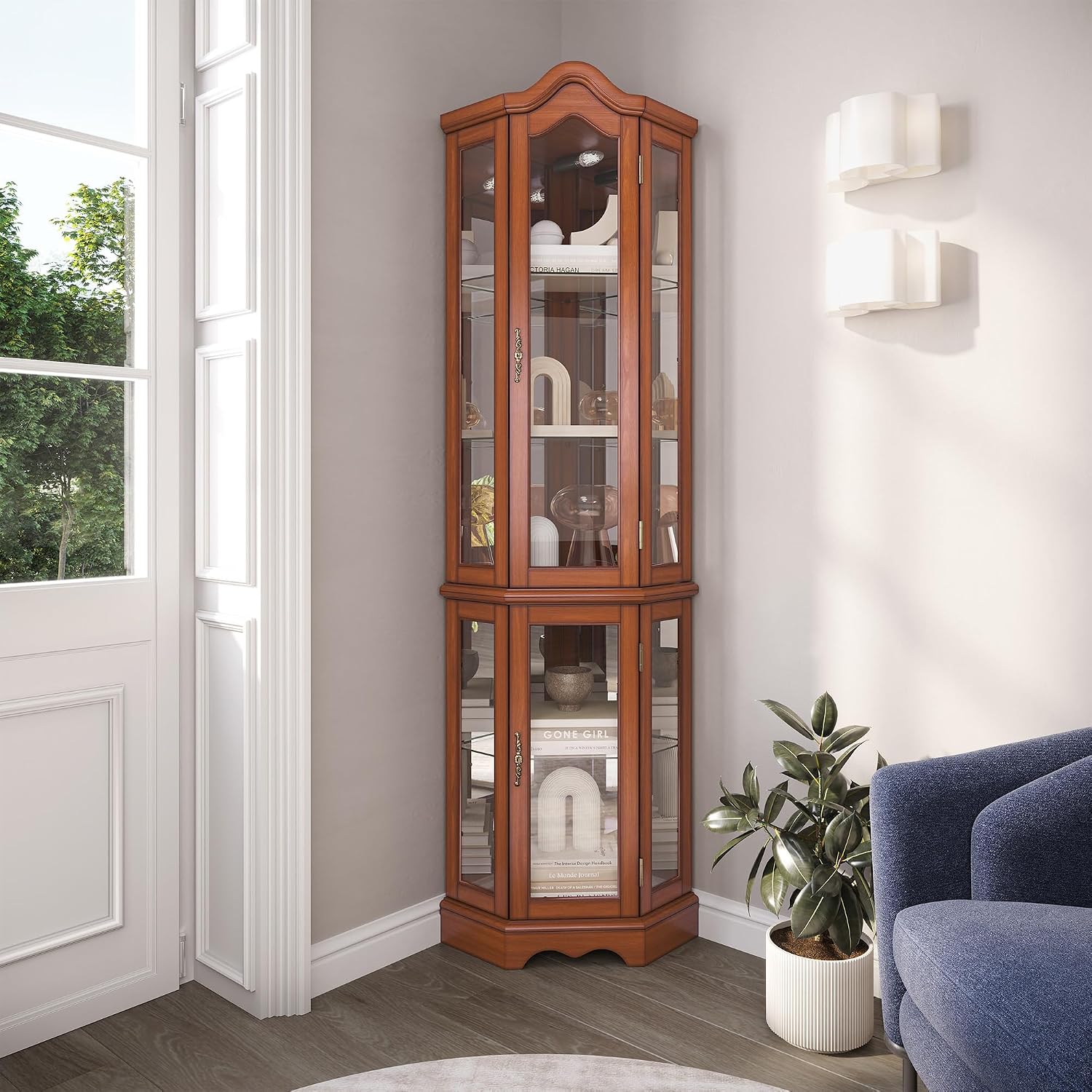 BELLEZE Lighted Corner Display Curved Top Curio Cabinet Wooden Shelving Unit with Tempered Glass Door