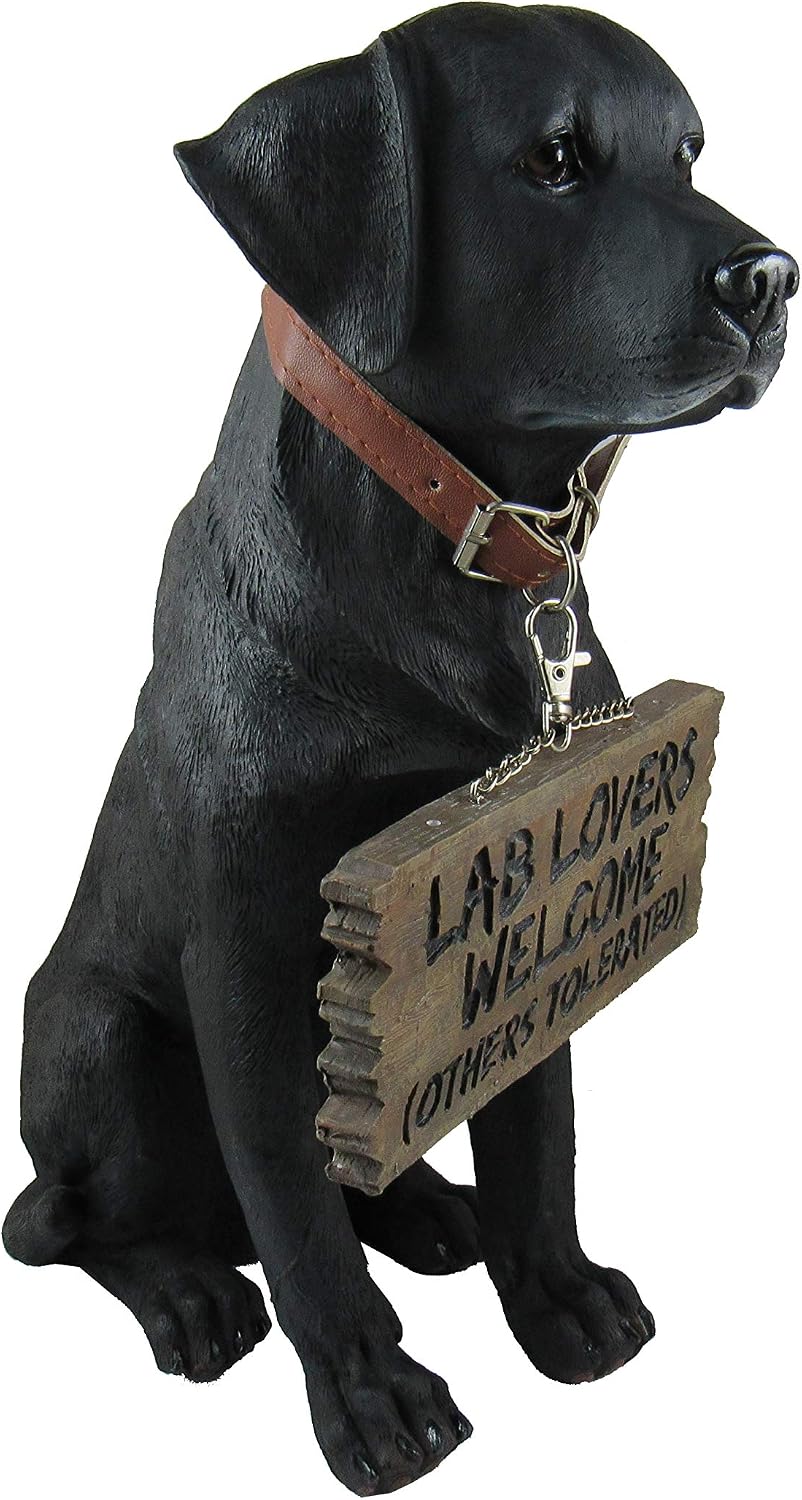 Black Lab Outdoor Statue, 13 Inch Welcome Dog with Reversible Sign