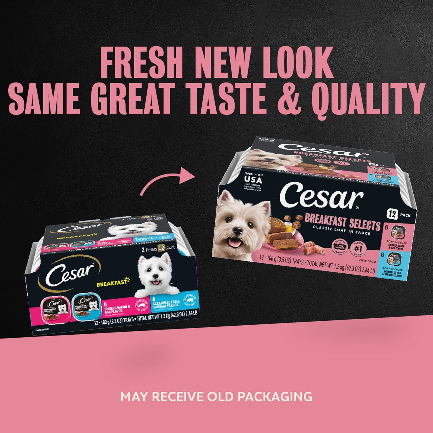 Cesar Classic Loaf Wet Dog Food, Meaty Selects, 3.5 oz, 12 Count, 2-Pack | Made in USA, Filet Mignon & Porterhouse Steak flavors, real beef #1 ingredient, no artificial flavors, easy peel trays