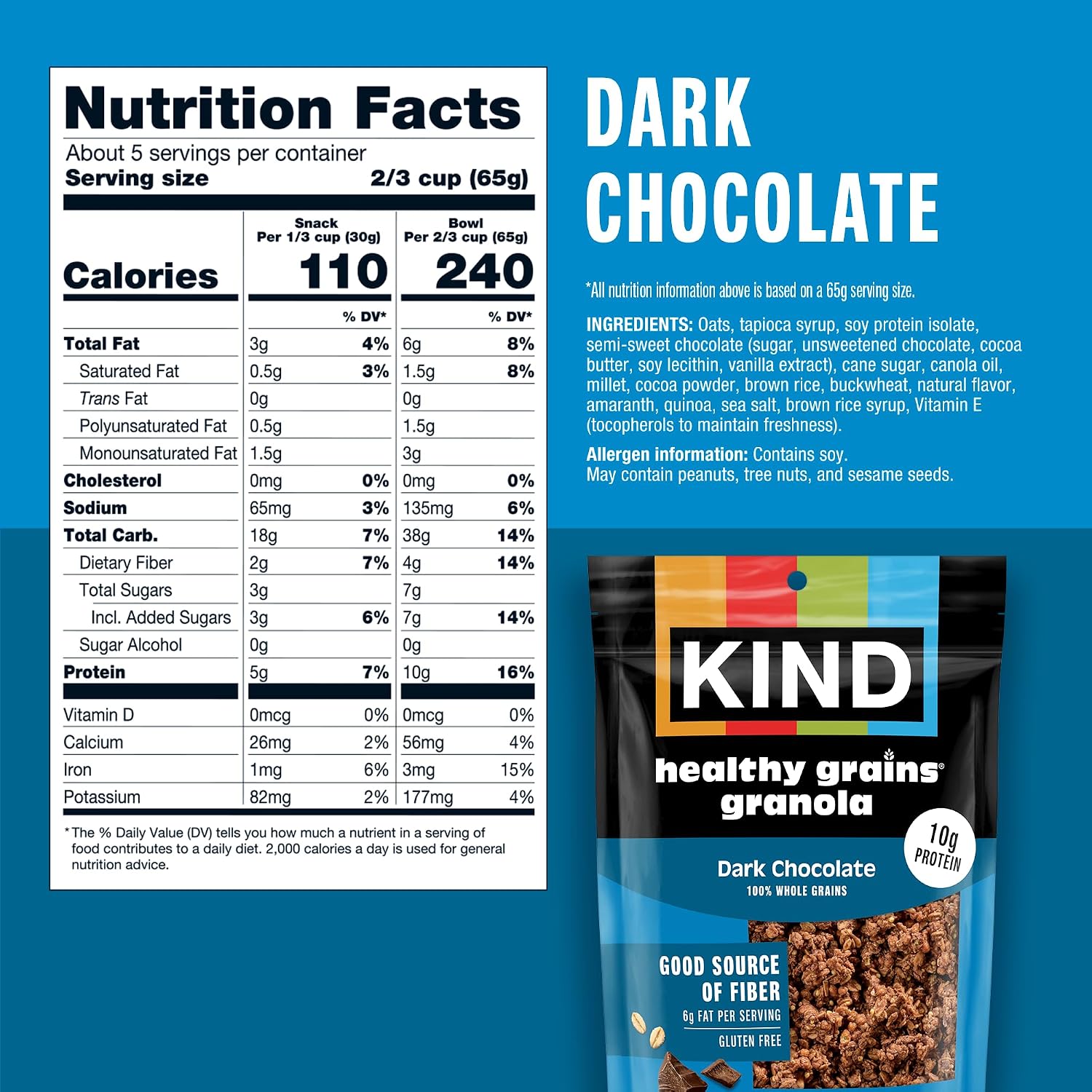 Kind Healthy Grains Granola, Dark Chocolate Clusters, Gluten Free, Healthy Snack Mix, 10g Protein, 11oz, 3 Count