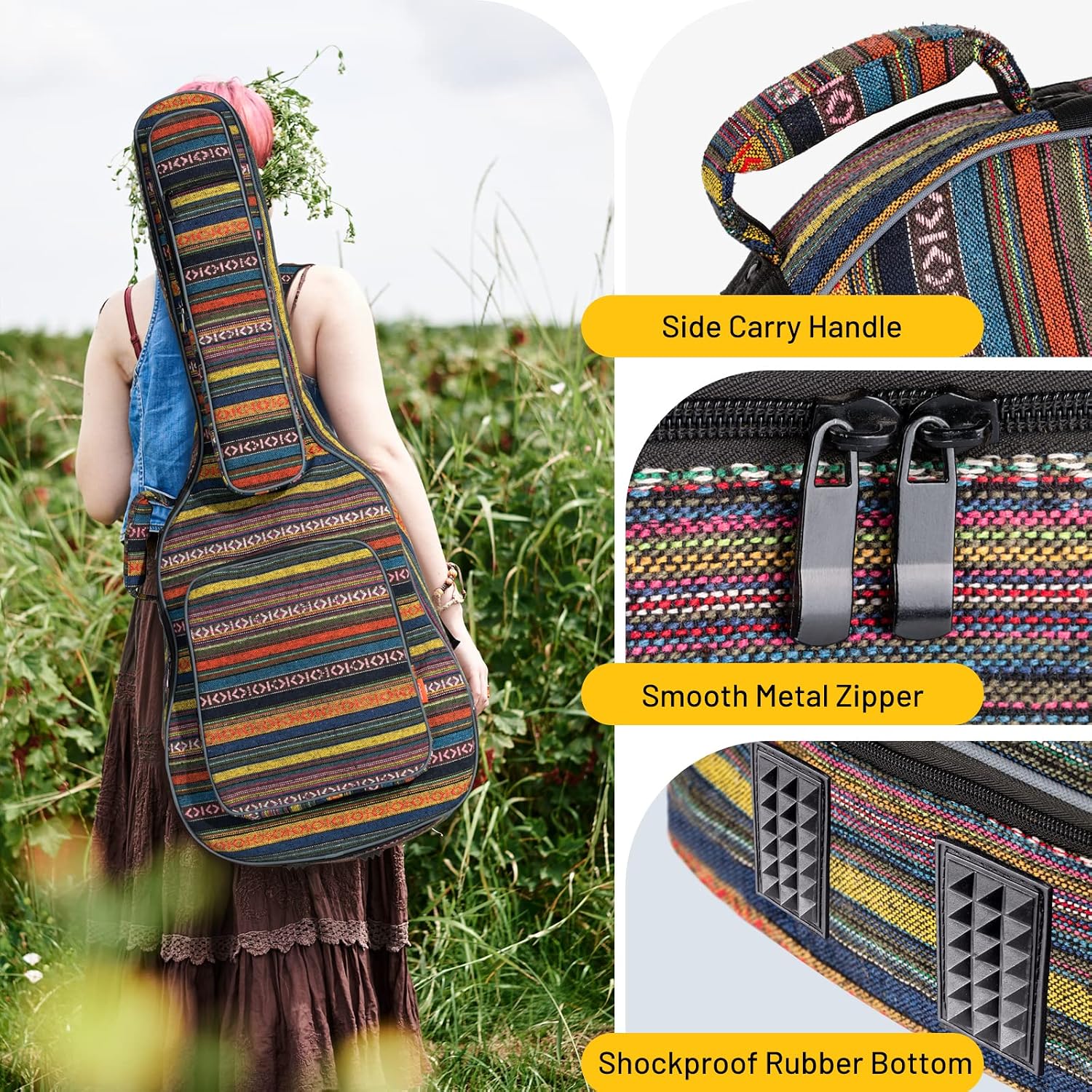 CAHAYA Acoustic Guitar Bag with Neck Cradle Bohemian Vintage Guitar Case 0.65in Thick Sponge Padded Guitar Case for 40 41 42 In Acoustic Classical