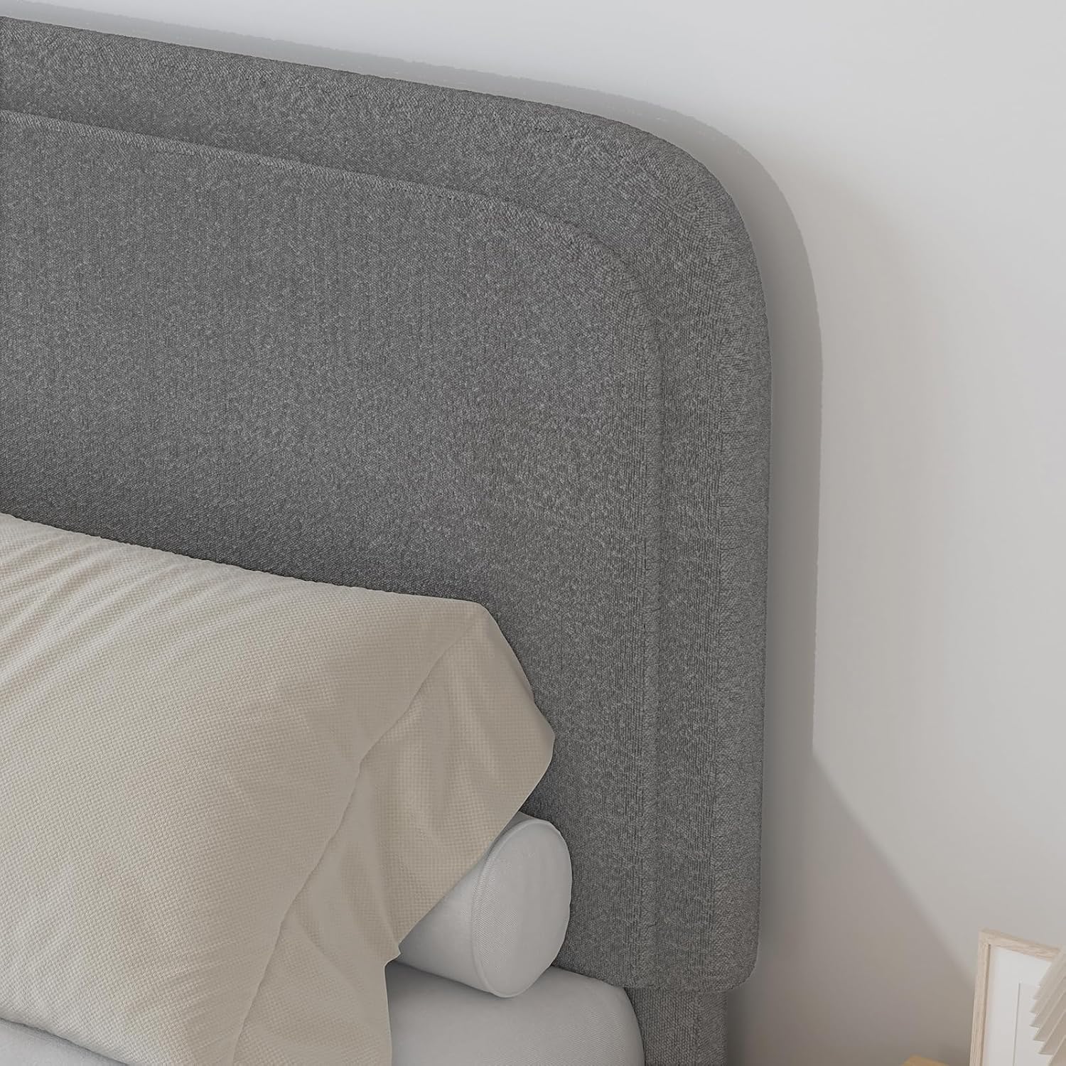 BarnFurin Full Bed Frame, Cloud Boucle Headboard, Rounded Corners, White | Soft boucle and rounded edges create a low-profile cloud look. Wooden slats support the mattress without a box spring
