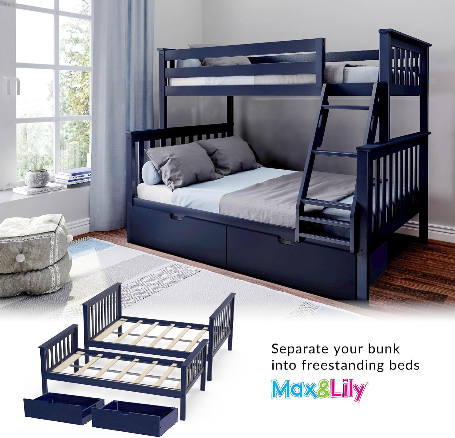 Max & Lily Bunk Bed Twin over Twin, Solid Wood Bunk Bed Frame with Ladder for Kids, 14" Safety Guardrails, Easy Assembly, No Box Spring Needed, White