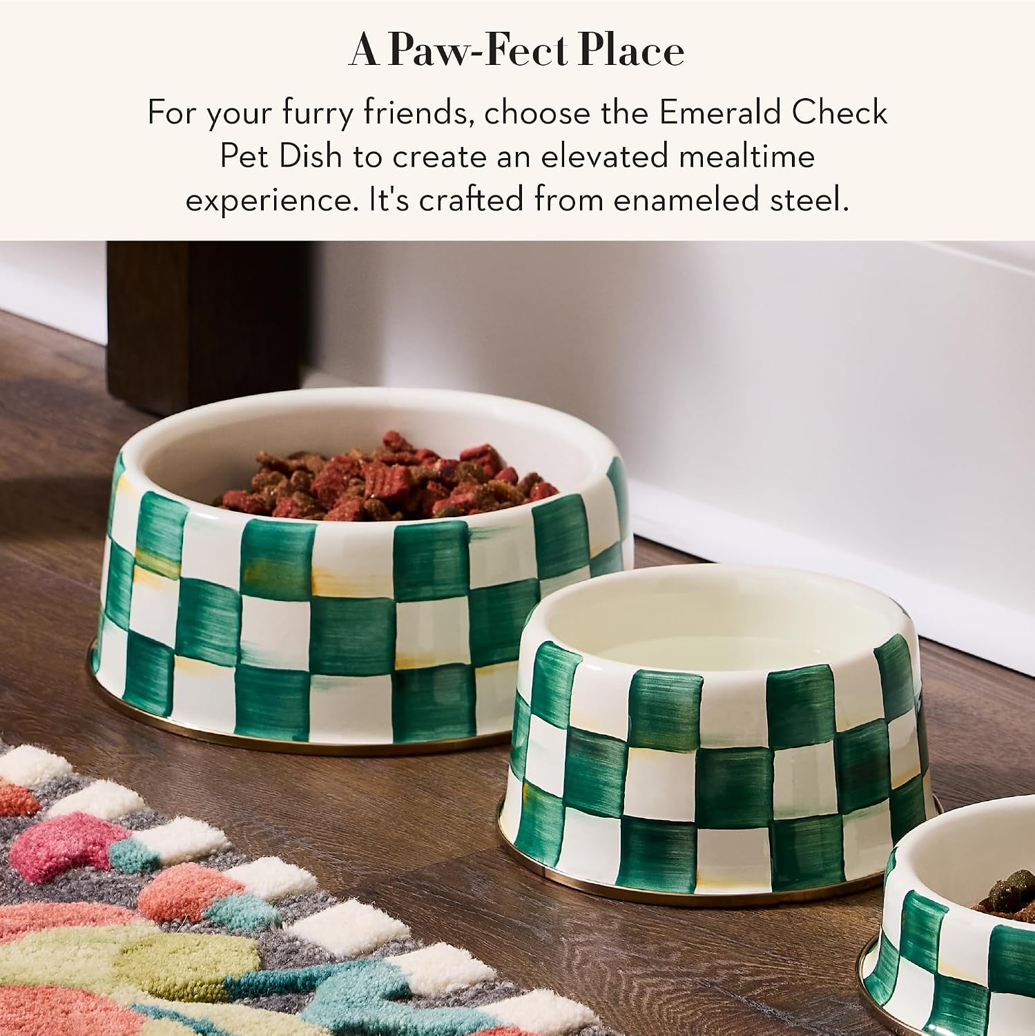 MACKENZIE-CHILDS Enamel Pet Dish, Large, Black-and-White Courtly Check | Decorative cat and dog bowl for food and water, 40-ounce capacity