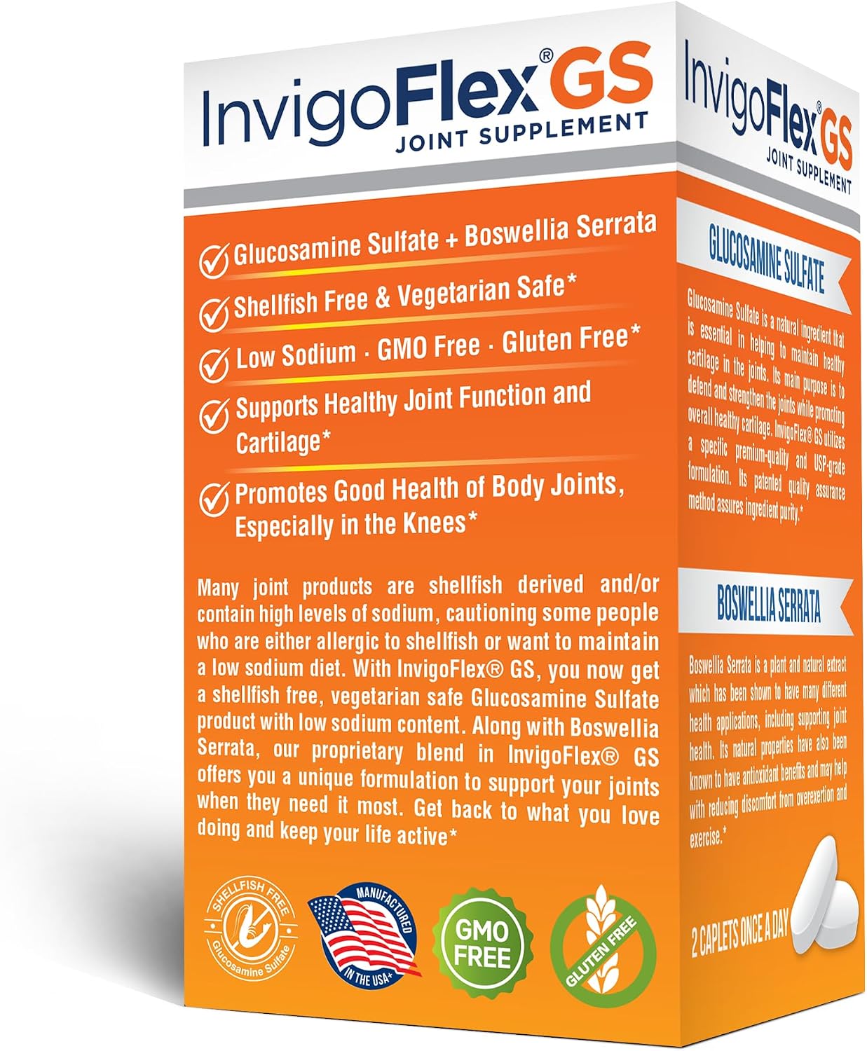 INVIGOFLEX® GS - Glucosamine Sulfate (Shellfish Free, Sodium Free & Vegetarian Safe) Non GMO, Gluten Free - with Boswellia Serrata - Knees, Hands, Back, and Hip Premium Joint Supplement