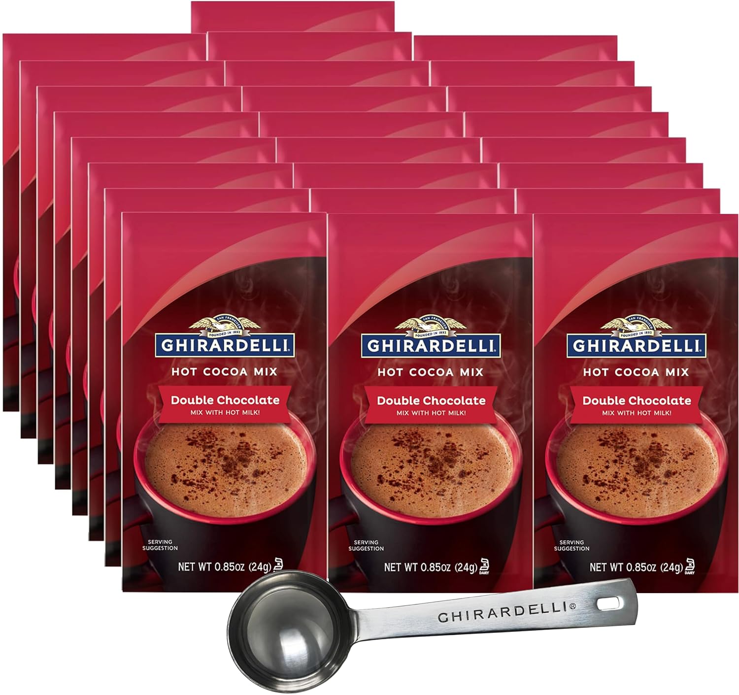 Ghirardelli Double Chocolate Hot Cocoa Mix, Approximately 0.85 oz Packets (Pack of 25) with Cocoa Scoop