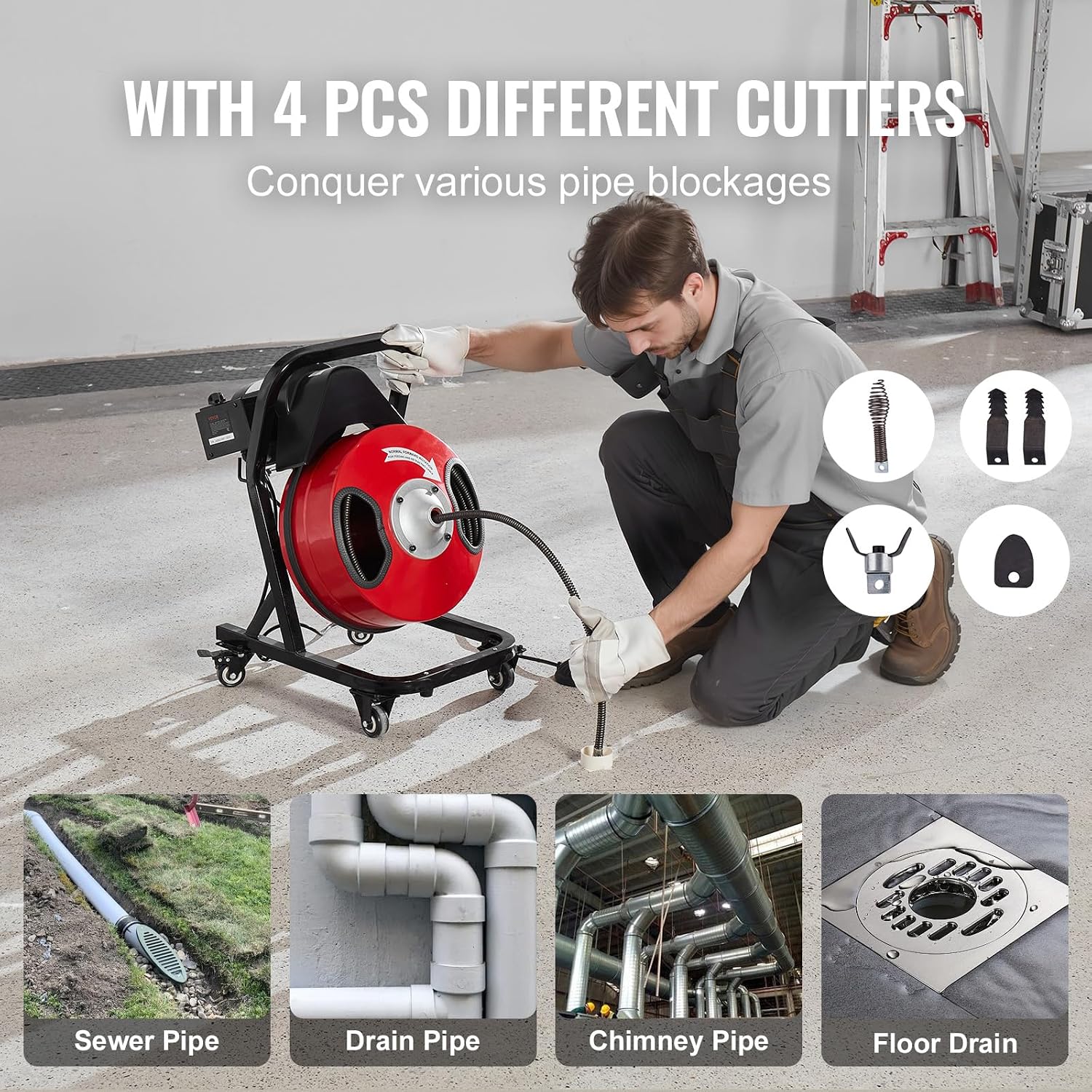 VEVOR Drain Cleaner Machine 100 FT x 3/4 Inch, Auto Feed Sewer Snake Auger, Portable Drain Cleaning Machine with Multi-Wheel Combination, 6 Cutters & Air-Activated Foot Switch for 4" to 8" Pipes