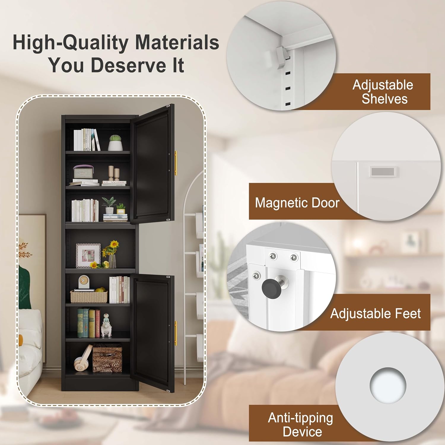 pozdeg 67" Tall Narrow White Metal Storage Cabinet | 2 Doors, 4 Adjustable Shelves, Freestanding Slim Pantry Organizer for Bathroom Kitchen Living Room