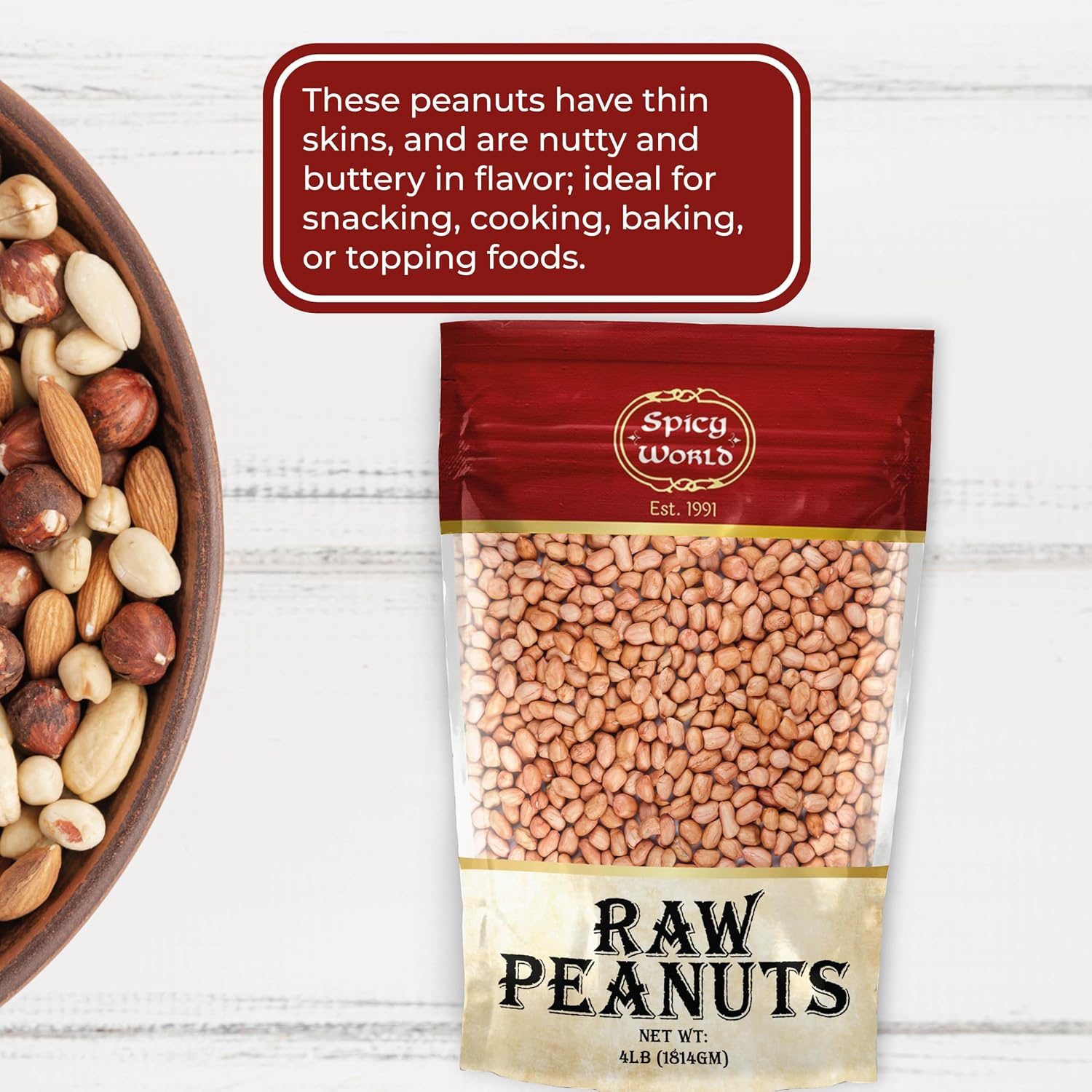 Spicy World Peanuts Raw Whole With Skin 4 LB Jumbo Bag (64oz) | Uncooked, Unsalted, All Natural, USA Grown Red Skin Spanish Grade