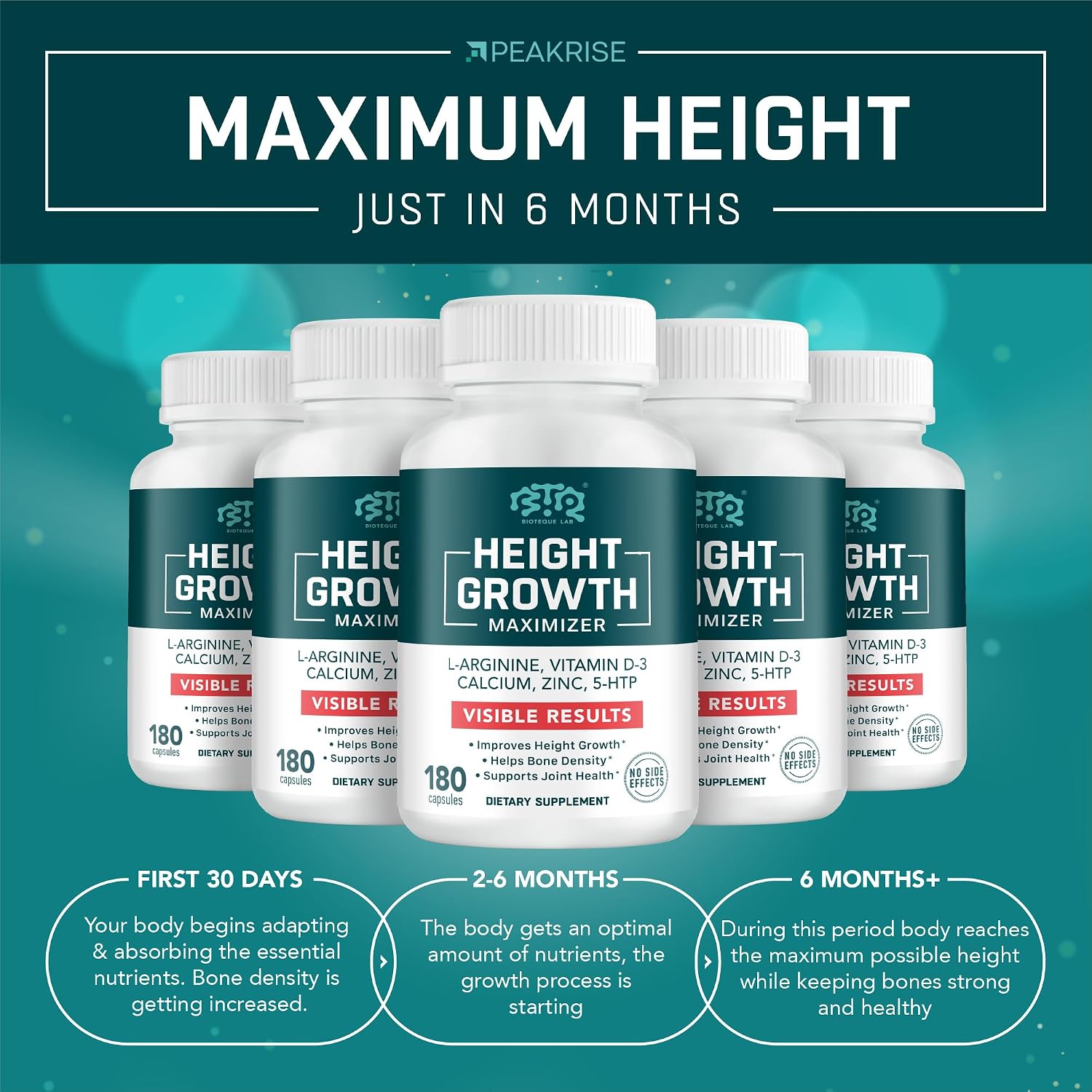 BIOTEQUELAB Height Growth Maximizer, Calcium, Vitamin D3 and Zinc Blend Pills, Bone Growth Supplement for Kids and Teens, Bone Strength