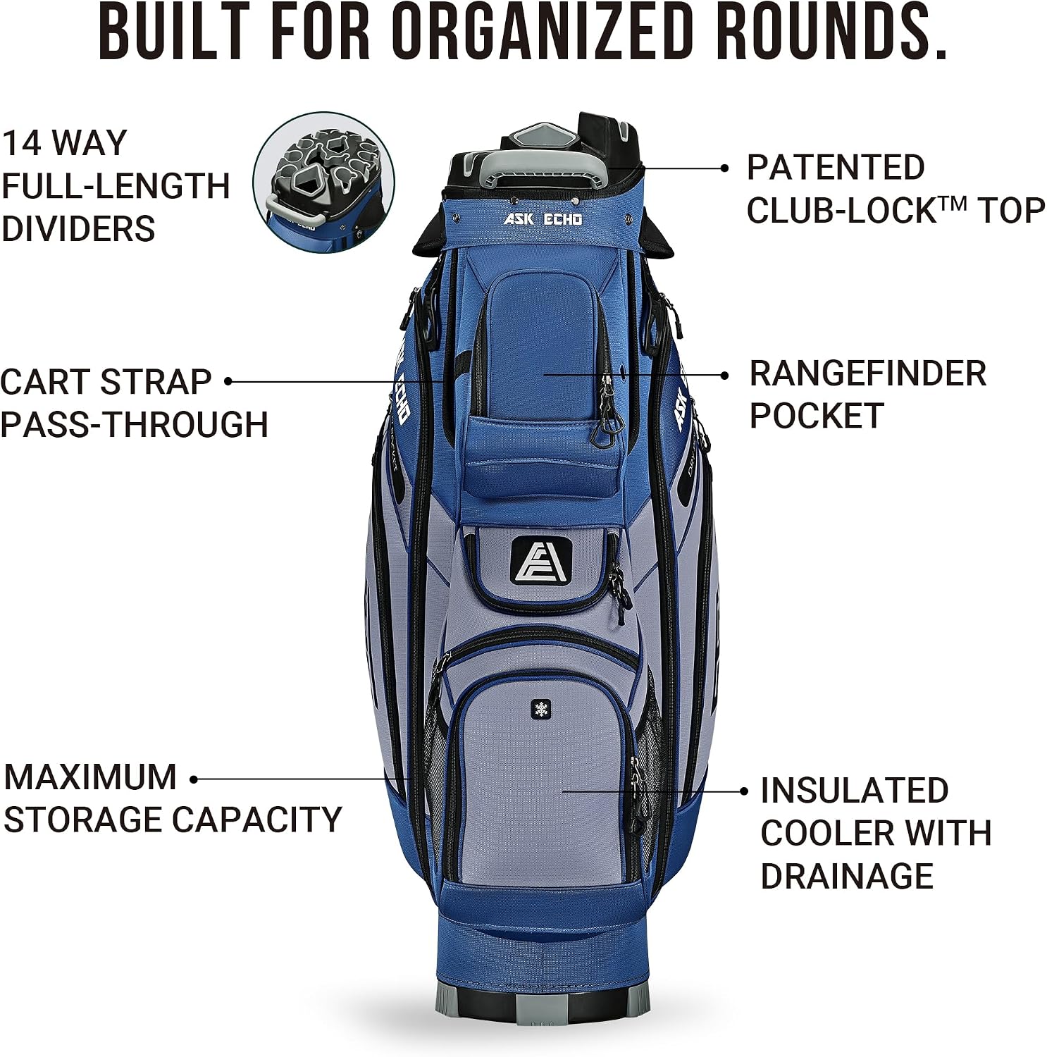 ASK ECHO T-Lock 3.0 Golf Cart Bag, Quiet 14-Way Full-Length Divider