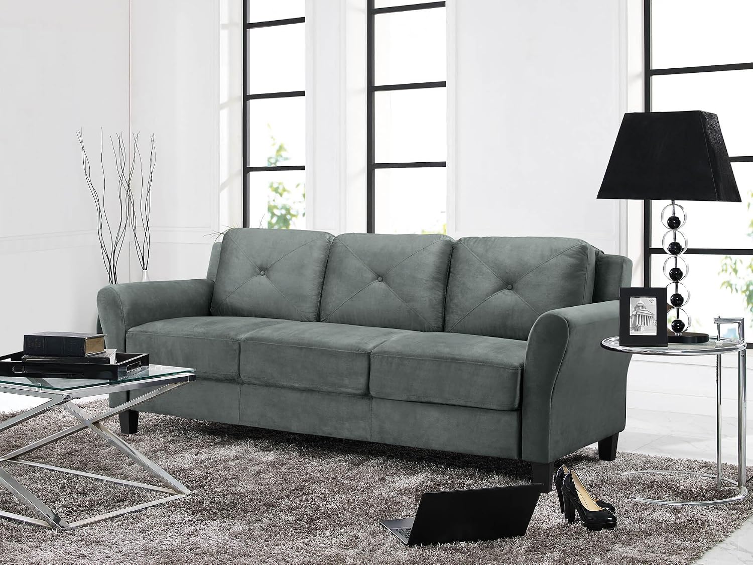 Studio Living Harrington 57.9" Loveseat, Transitional Modern, Pocket Coil Comfort, Easy Assembly, Microfiber Fabric, Dark Grey