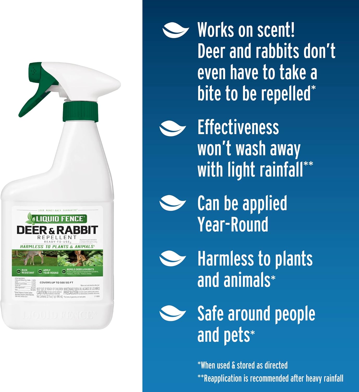 Liquid Fence Deer and Rabbit Repellent Ready-to-Use Spray, 1 Gallon | Use to Treat on Gardens, Flowers, Shrubs, Trees & Vines, Covers up to 2,000 Sq. Ft., Harmless to Plants & Animals