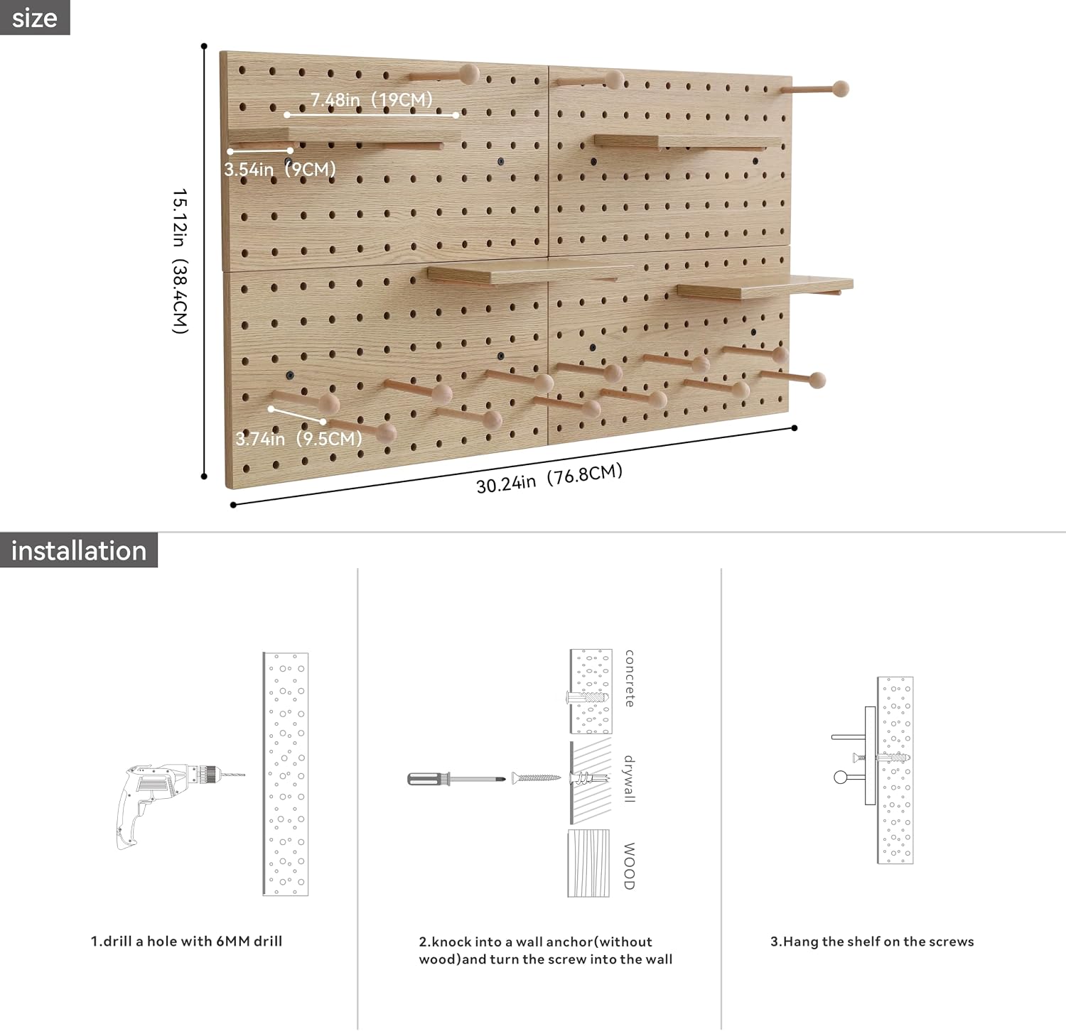 Wooden Pegboard Modular Display Organization Storage Wall Hooks Shelf(Color:Oak)