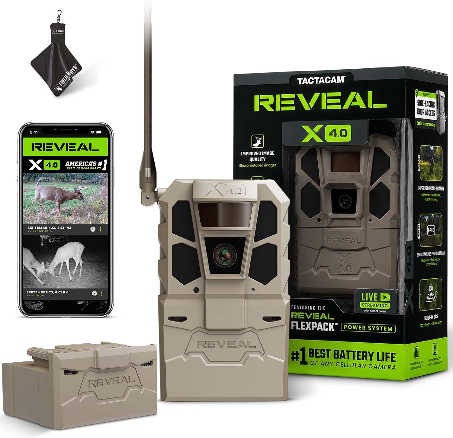 TACTACAM Reveal X 4.0 Cellular Trail Camera + Reveal FlexPack R5 Battery | Night Vision, Waterproof, 4K Photo, 1080p Video, Built-In GPS