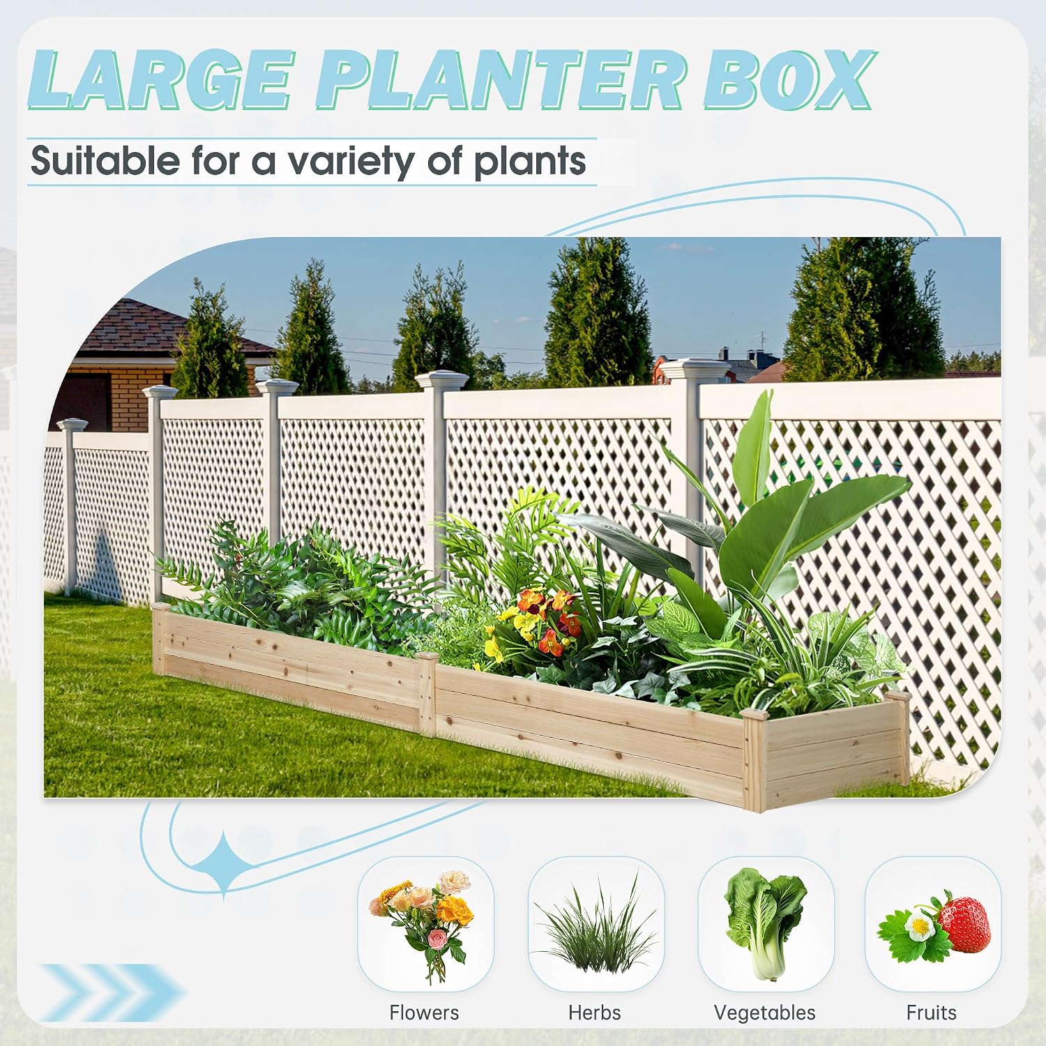 8 Feet Outdoor Wooden Raised Garden Bed, Elevated Planting Planter Box Kit for Vegetables Fruits Grow Yard Gardening, Natural