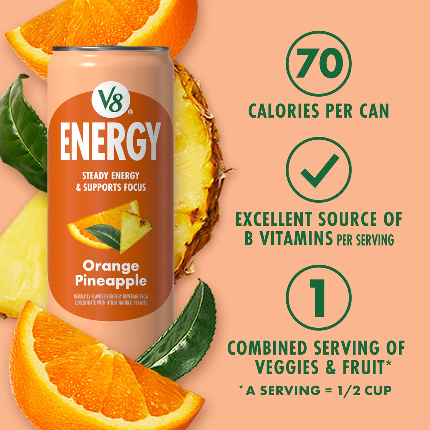 V8 Energy Orange Pineapple Energy Drink, 11.5 fl oz Can (12 Pack)