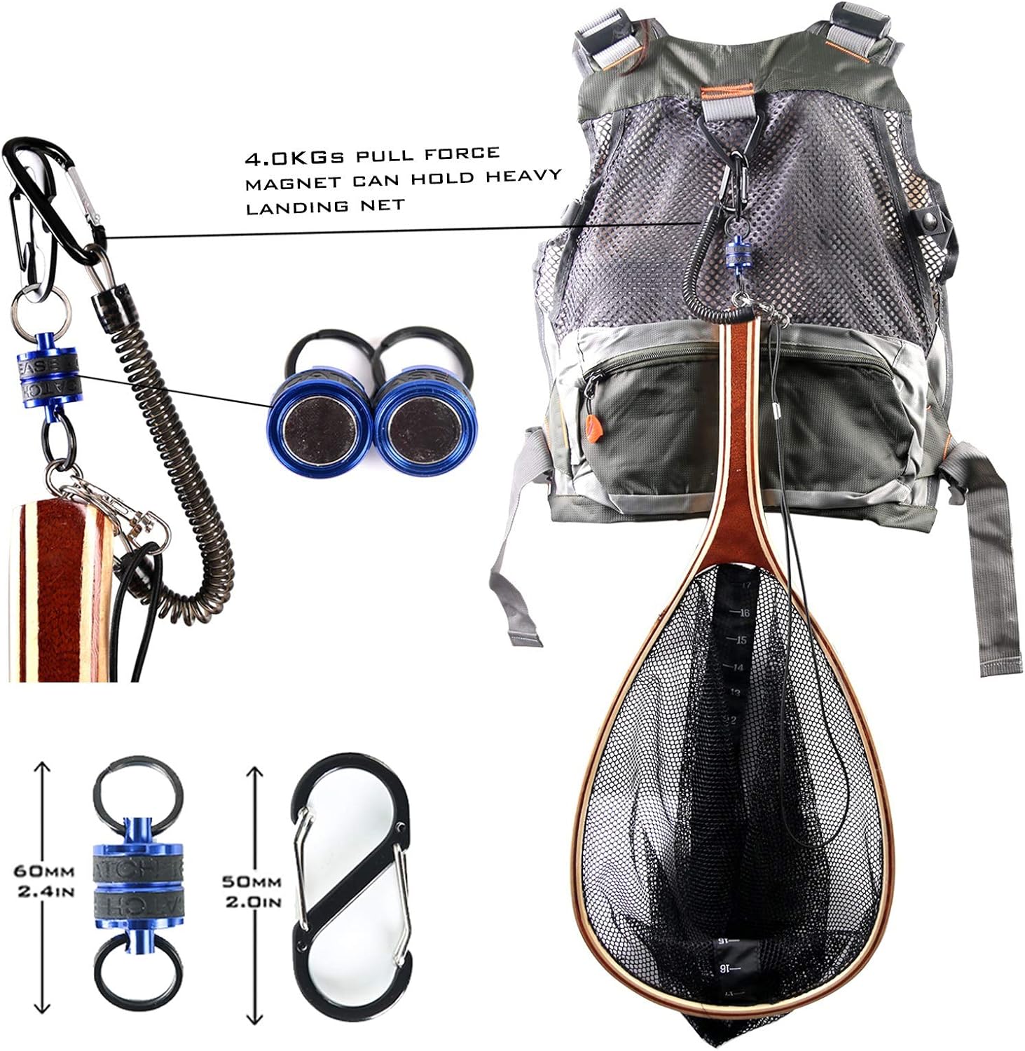 M MAXIMUMCATCH Maxcatch Magnetic Fly Fishing Net Release Holder Retractor with Carabiner Clip and Lanyard