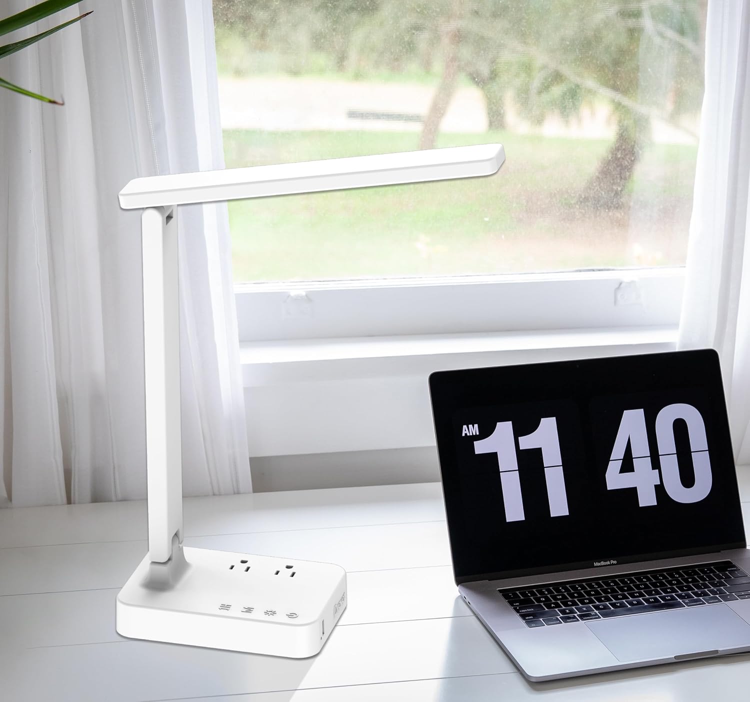 Drevet LED Desk Lamp for College Dorm Room, Desk Light with 1 USB Charging Port 2 AC Power Outlet, 3 Lighting Modes, 3 Level Brightness Touch Lamp