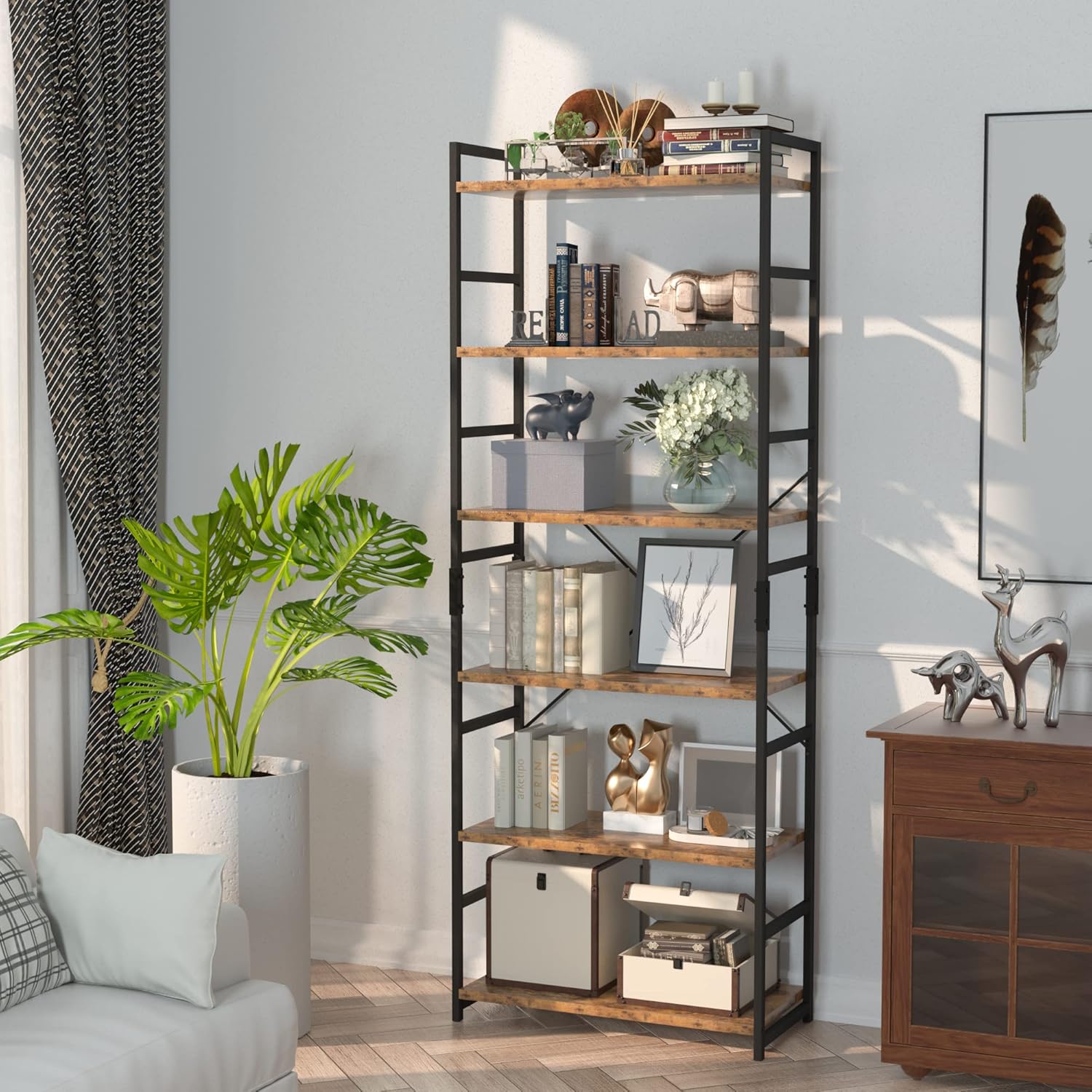 NUMENN 5 Tier Bookshelf, Tall Freestanding Open Storage Bookcase, Vintage
