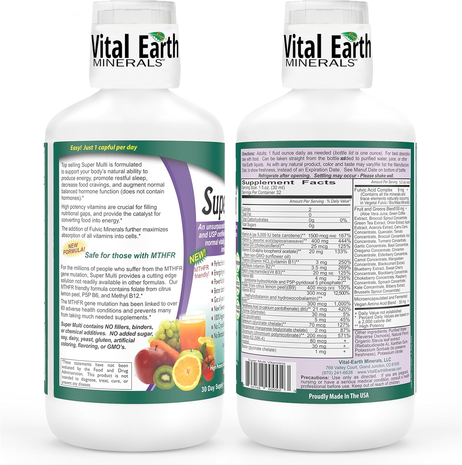 Vital Earth Minerals Super Multi – Liquid Multivitamins for Women, Men & Kids, Liquid Vitamins with Fulvic Acid for Better Absorption, MTHFR Support
