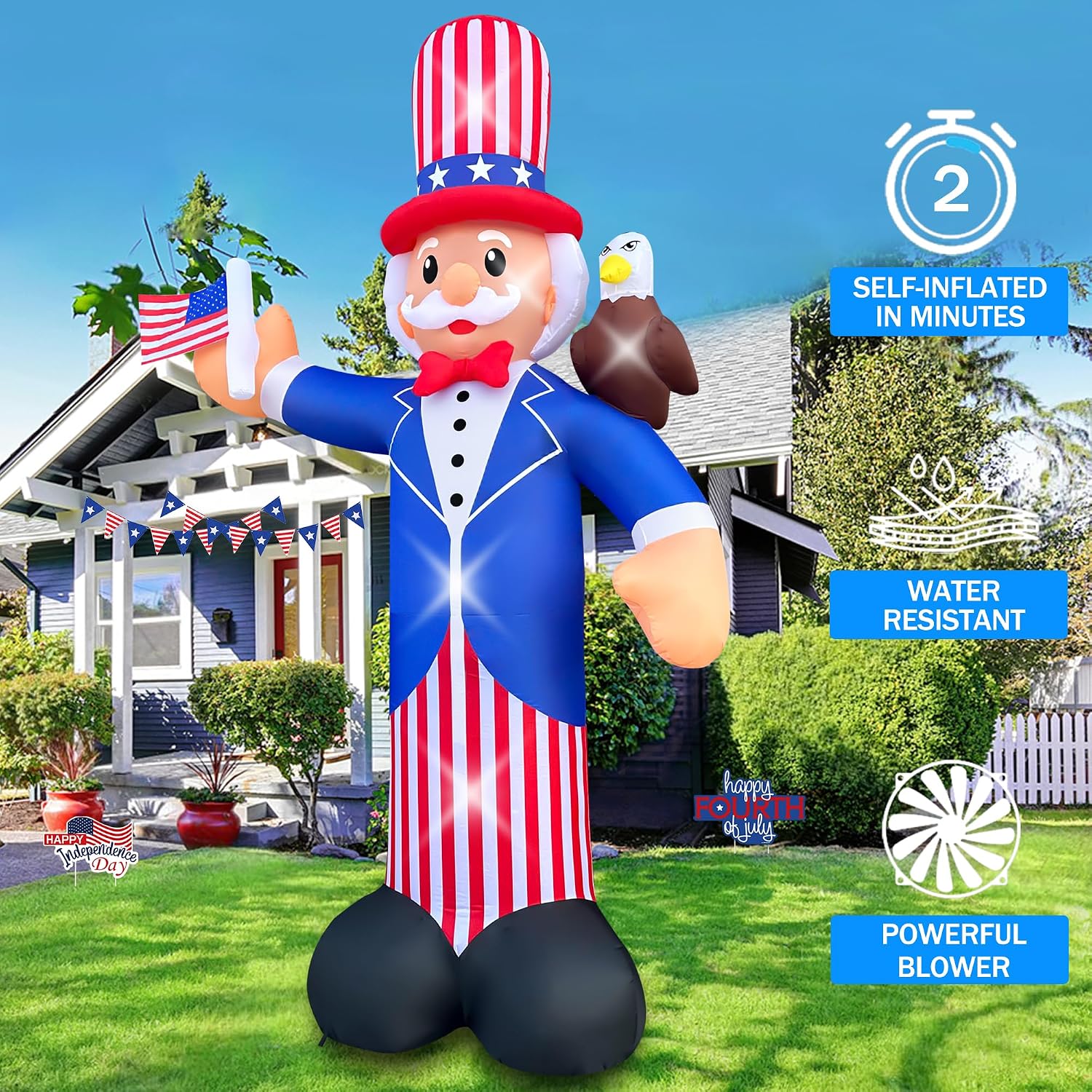SEASONBLOW 12FT Independence Day Inflatable Uncle Sam with Bald Eagle Decorations Patriotic 4th of July LED Light Up Blow up Flag for Home Yard Lawn