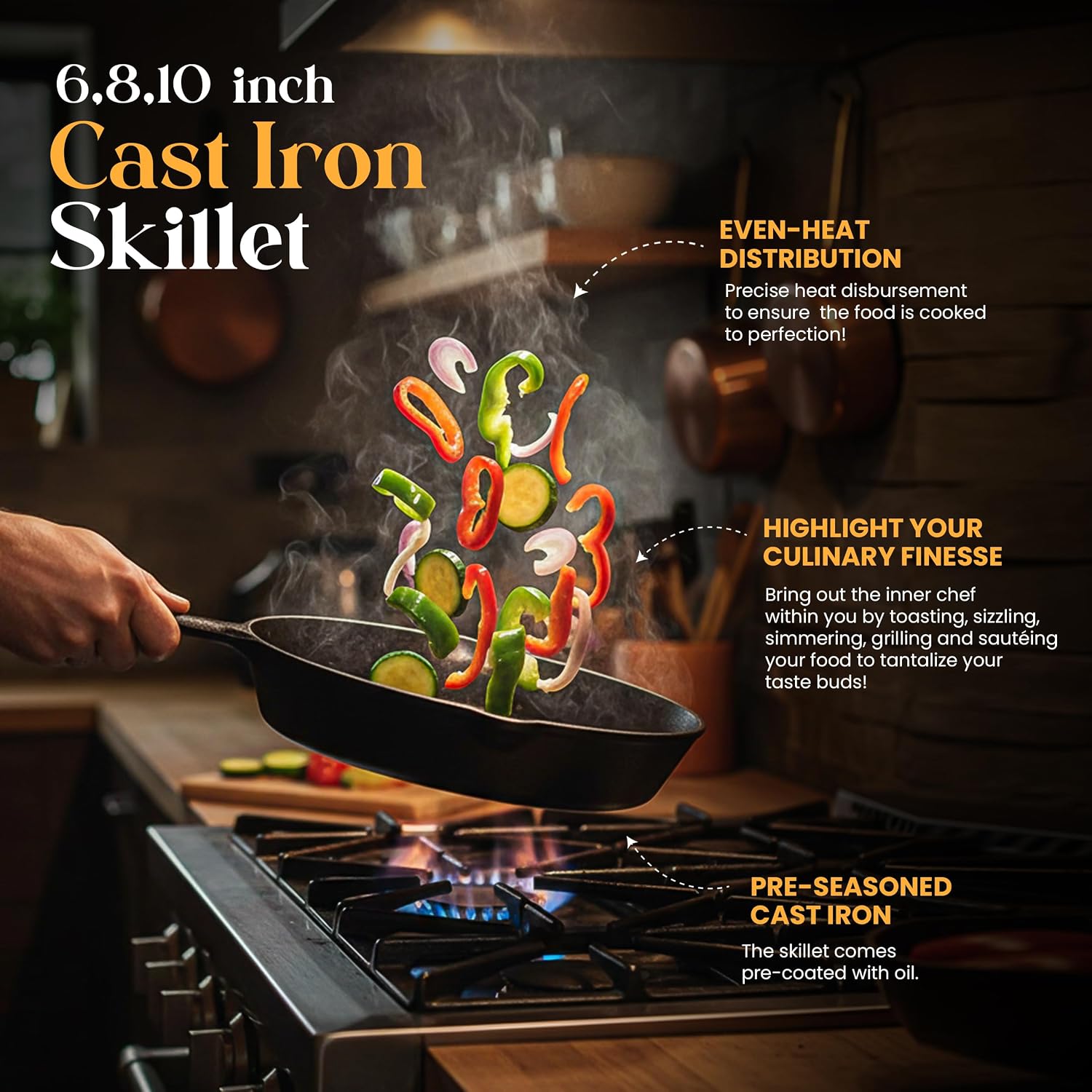 Utopia Kitchen Cast Iron Skillet Set 3 Piece 6 8 10 Inch PFAS-Free Black | Chef Pan, Even Heat Distribution, Stovetop, Campfire and Grill Safe, Large Skillet Set, Indoor Outdoor Use