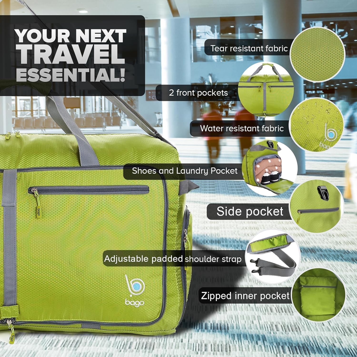 Bago Large Duffle Bag for Travel Women & Men. Durable Lightweight Foldable Travel Duffel Bags For Traveling Women. 80L Duffle Bags For Overnight Bag With Shoe Compartment Collapsible Weekender duffel