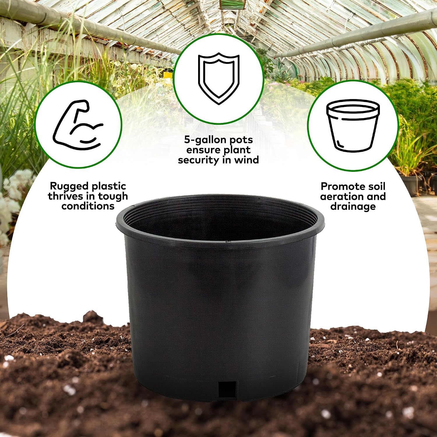 Pro Cal HGPK5PHD Round Circle 5 Gallon Wide Rim Durable Injection Molded Plastic Garden Plant Nursery Pot for Indoor or Outdoor (Set of 5)