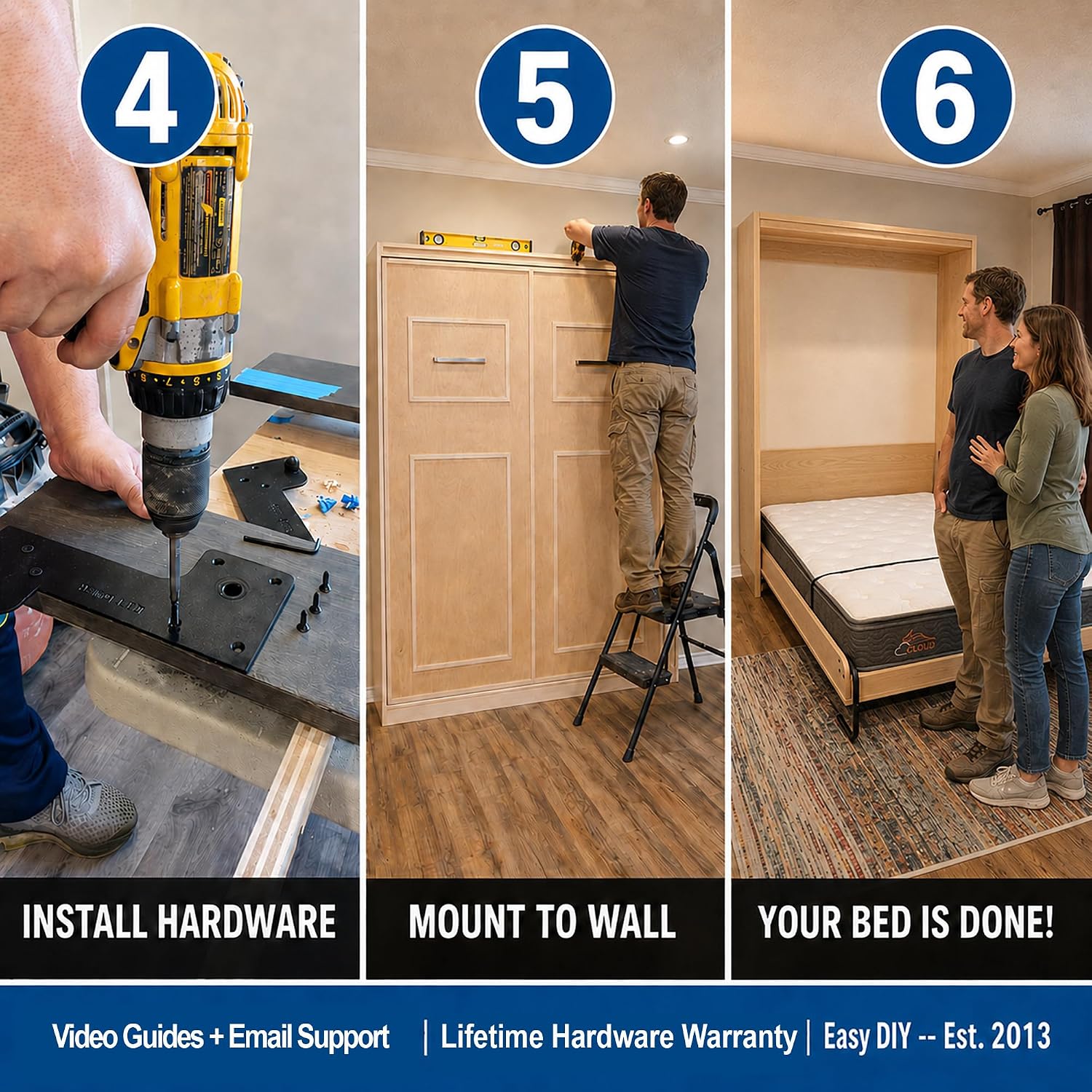 Queen Size Murphy Bed Hardware Kit — Vertical Wall Bed Frame | DIY Murphy Bed Kit with Gas Pistons + 3 Step-by-Step Guides | Made in North America | Hideaway Bed Mechanism