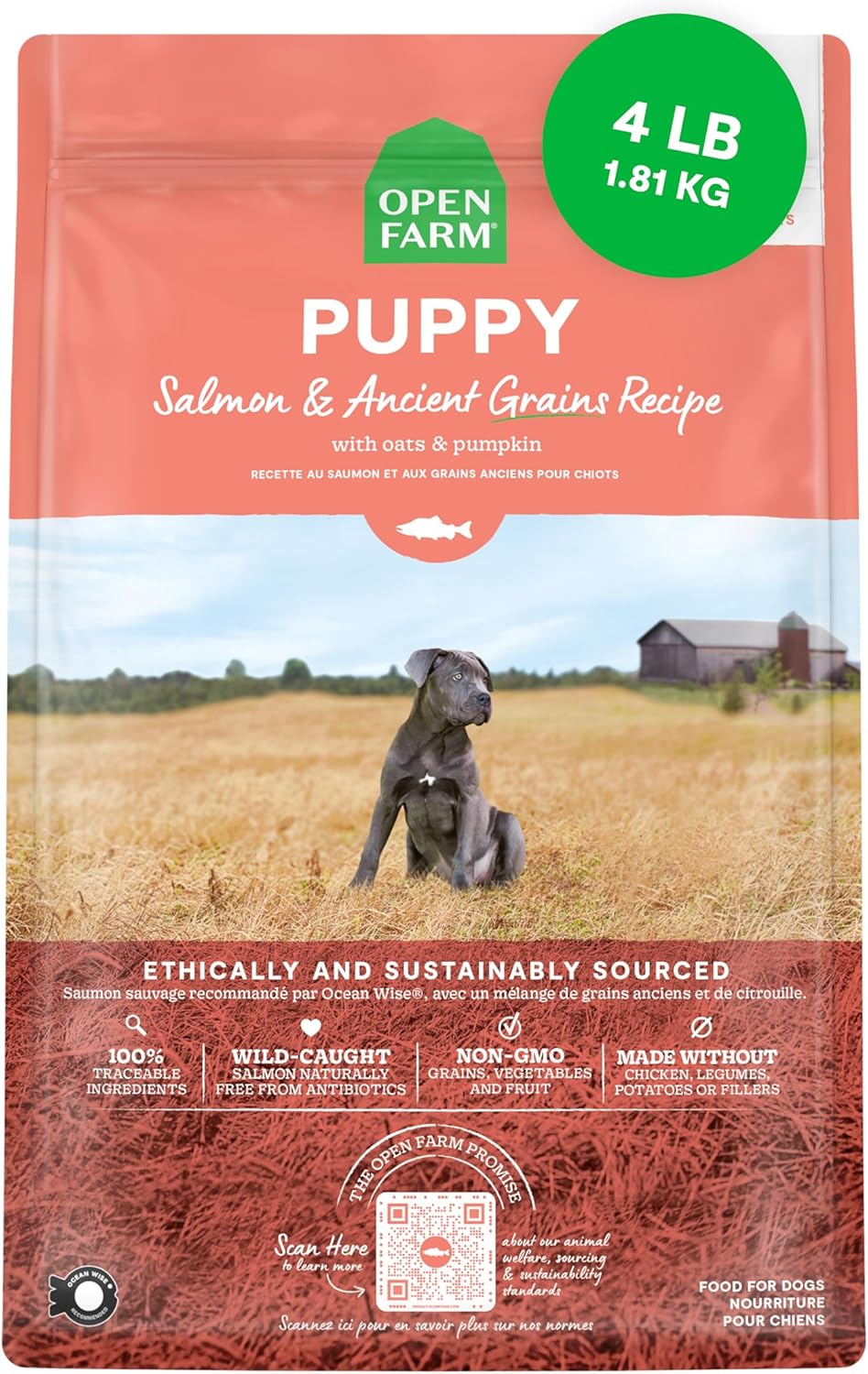Open Farm Ancient Grains Dry Puppy Food, Chicken & Salmon Kibble, 4lb Bag