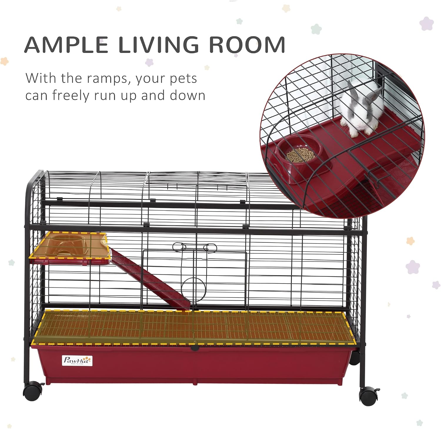 PawHut 41" L Small Animal Cage Rabbit Hutch with Feeder, Rolling Wheels Red