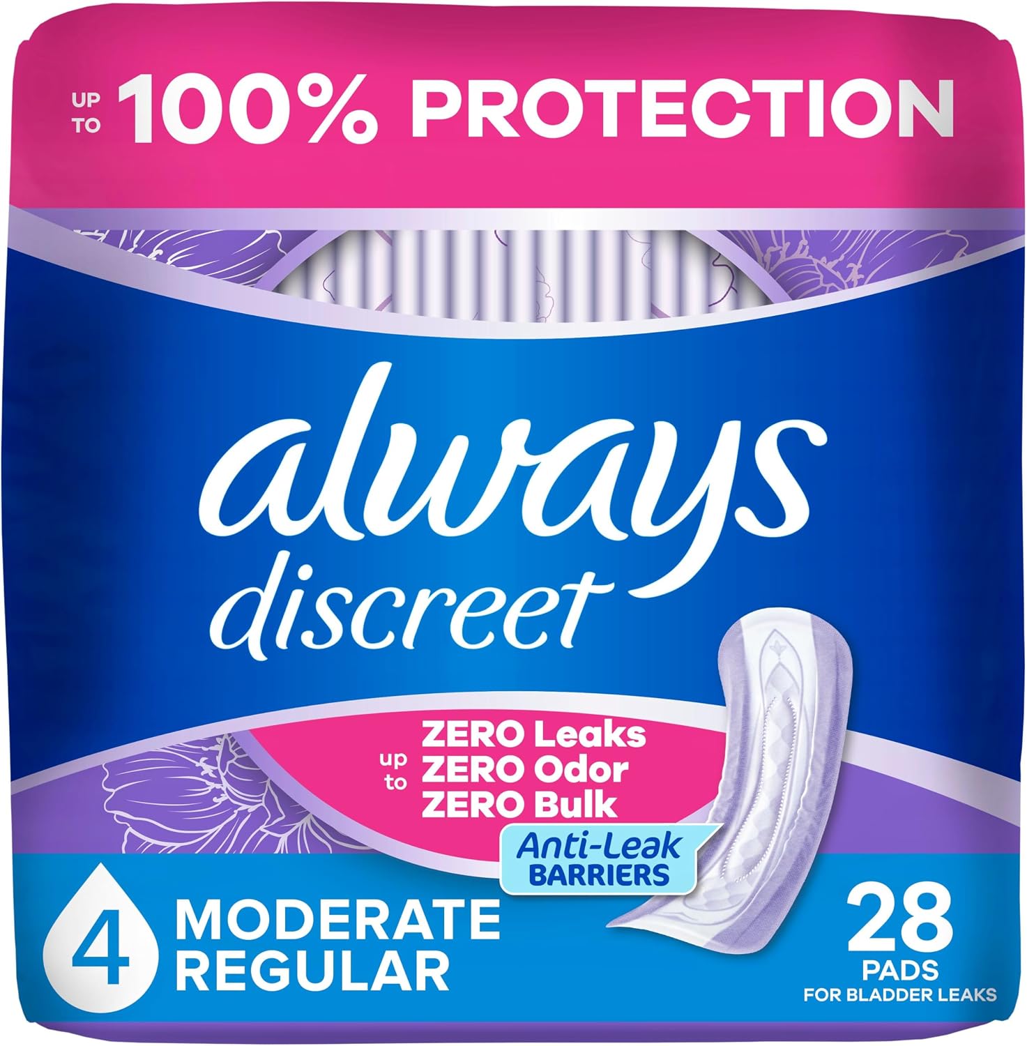 Always Discreet Adult Incontinence Pads for Women, Drier, 4 Drop Long Length, Moderate Absorbency, Pads for Bladder Control Management, Bladder Leaks, & Postpartum Pads, 54ct