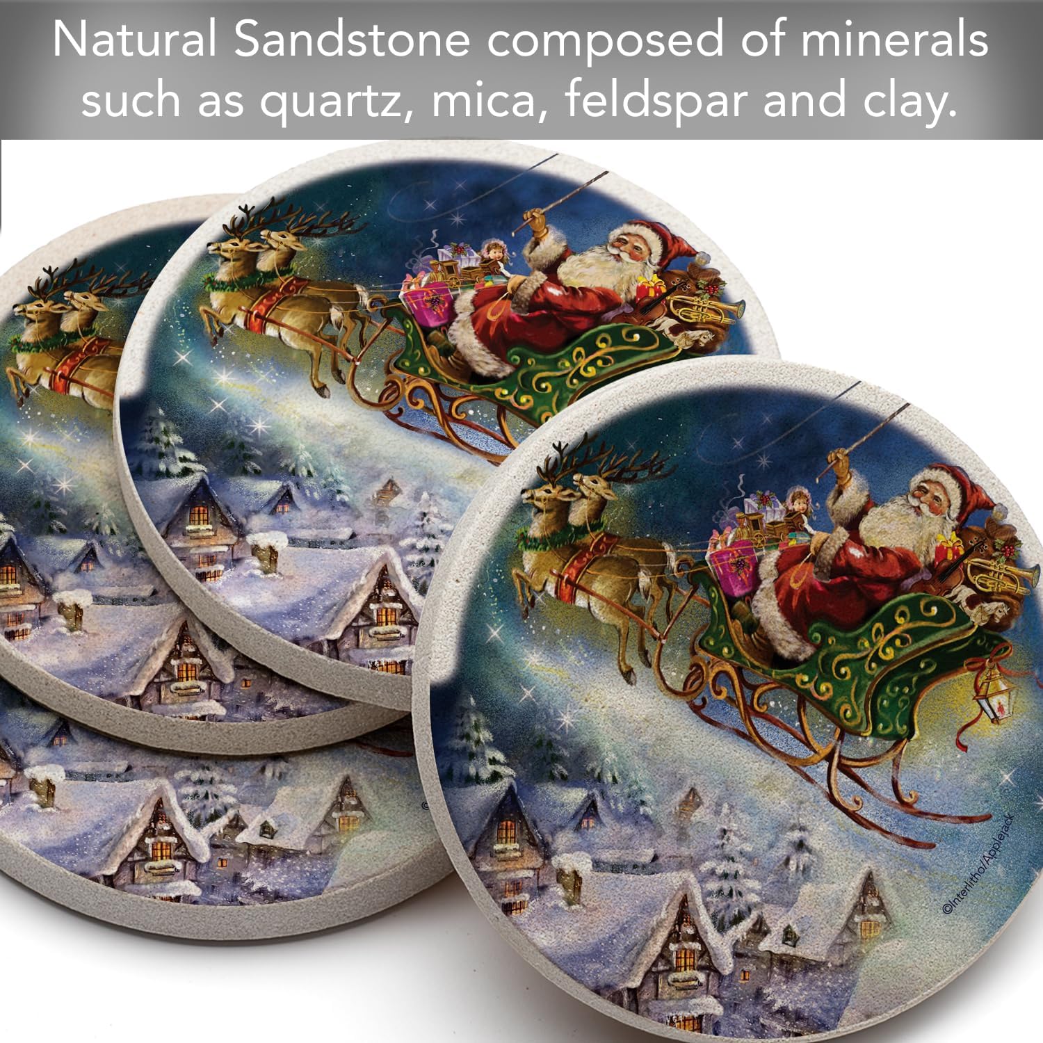 Thirstystone Santa’s Sleigh Natural Sandstone Coaster 4 Pack Eco-Friendly, Absorbent, Easily Wipes Clean | 4" Diameter, Manufactured in the USA