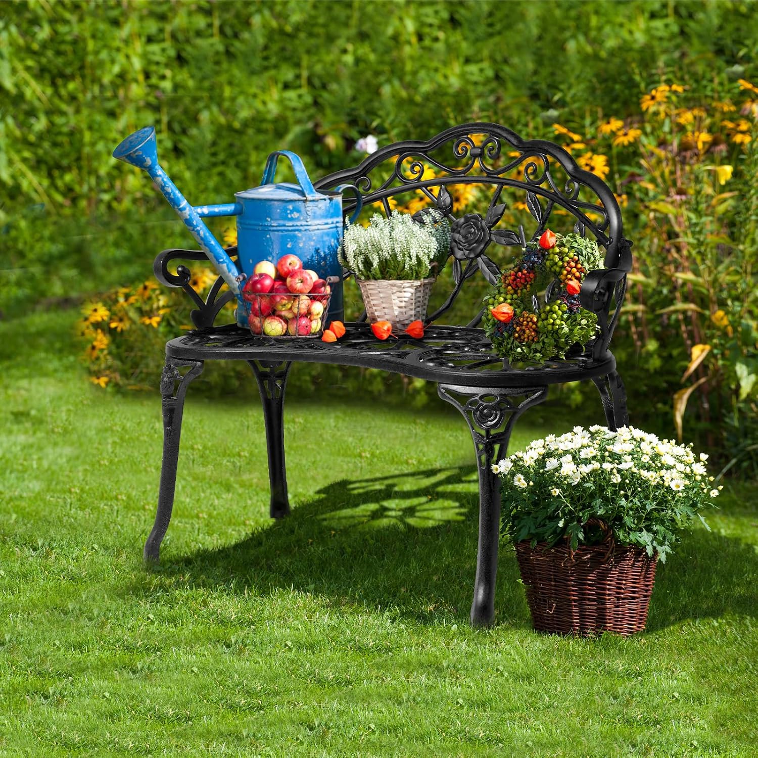VINGLI 38.5" Patio Park Garden Outdoor Metal Rose Bench, 2-Person Cast Iron Cast Aluminium Frame Antique Finish Chair,Accented Lawn Front Porch Path Yard Decor Deck Furniture (Bronze, Rose)