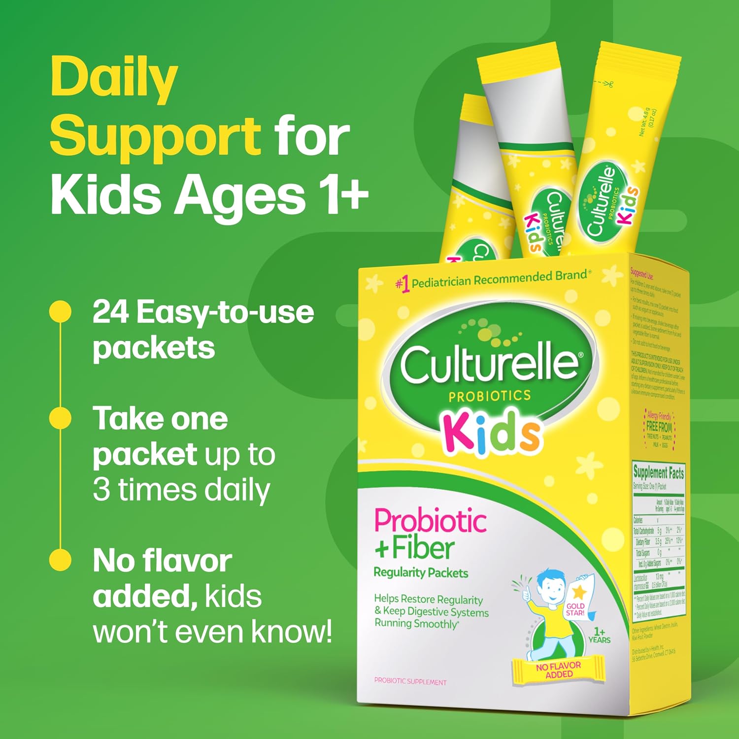 Culturelle Kids Probiotic + Fiber Packets, Ages 1+, Unflavored, 24 Count | From the #1 Pediatrician-Recommended Brand± Digestive Health & Immune Support, Help Restore Regularity*, Children & Toddlers