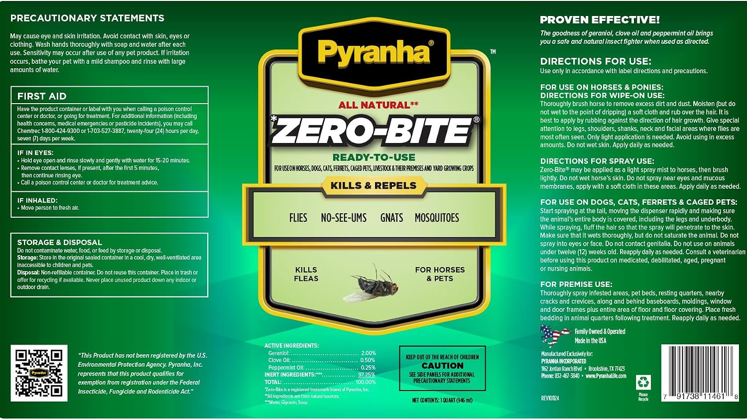 PYRANHA Zero-Bite All Natural Fly Spray - Ready to Use Water Based Repellent for Horses, Dogs, Cats, Ferrets, Caged Pets, Livestock | Repels Flies, Gnats, Mosquitoes, No-See-UMS