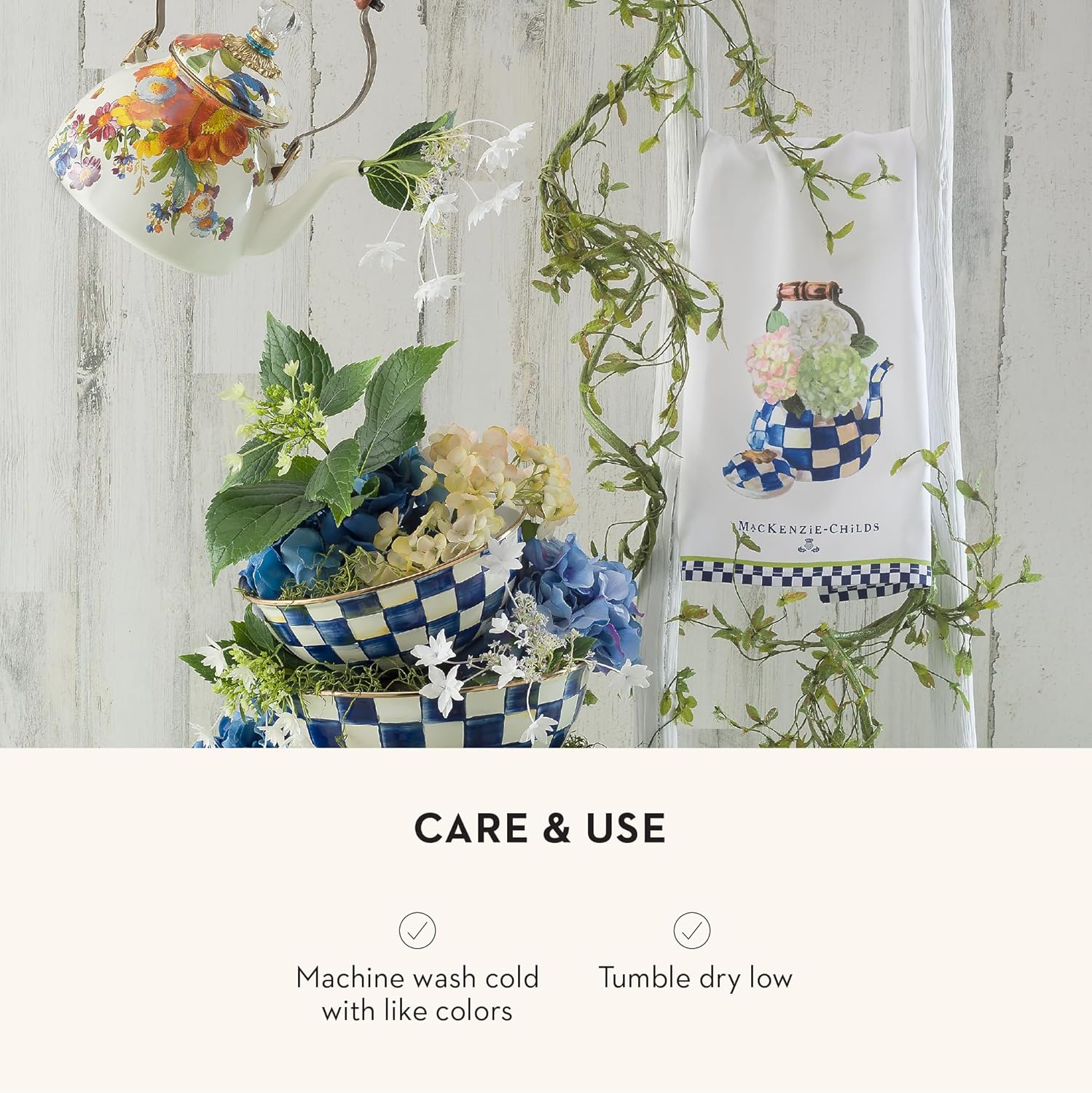 MACKENZIE-CHILDS Cotton Dish Towel, Hydrangea Tea Kettle