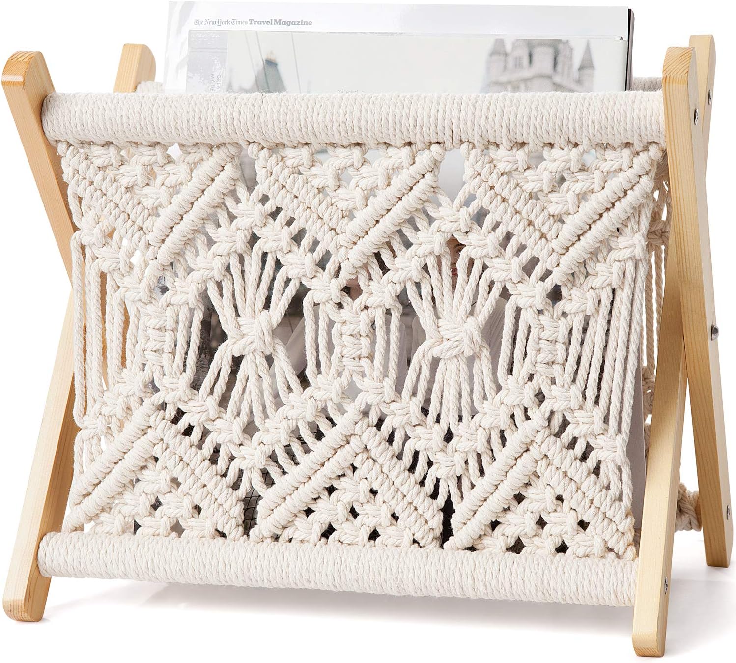 Mkono Macrame Magazine Holder, Boho Woven Book Rack Basket, 11.2"L x 7.5"W