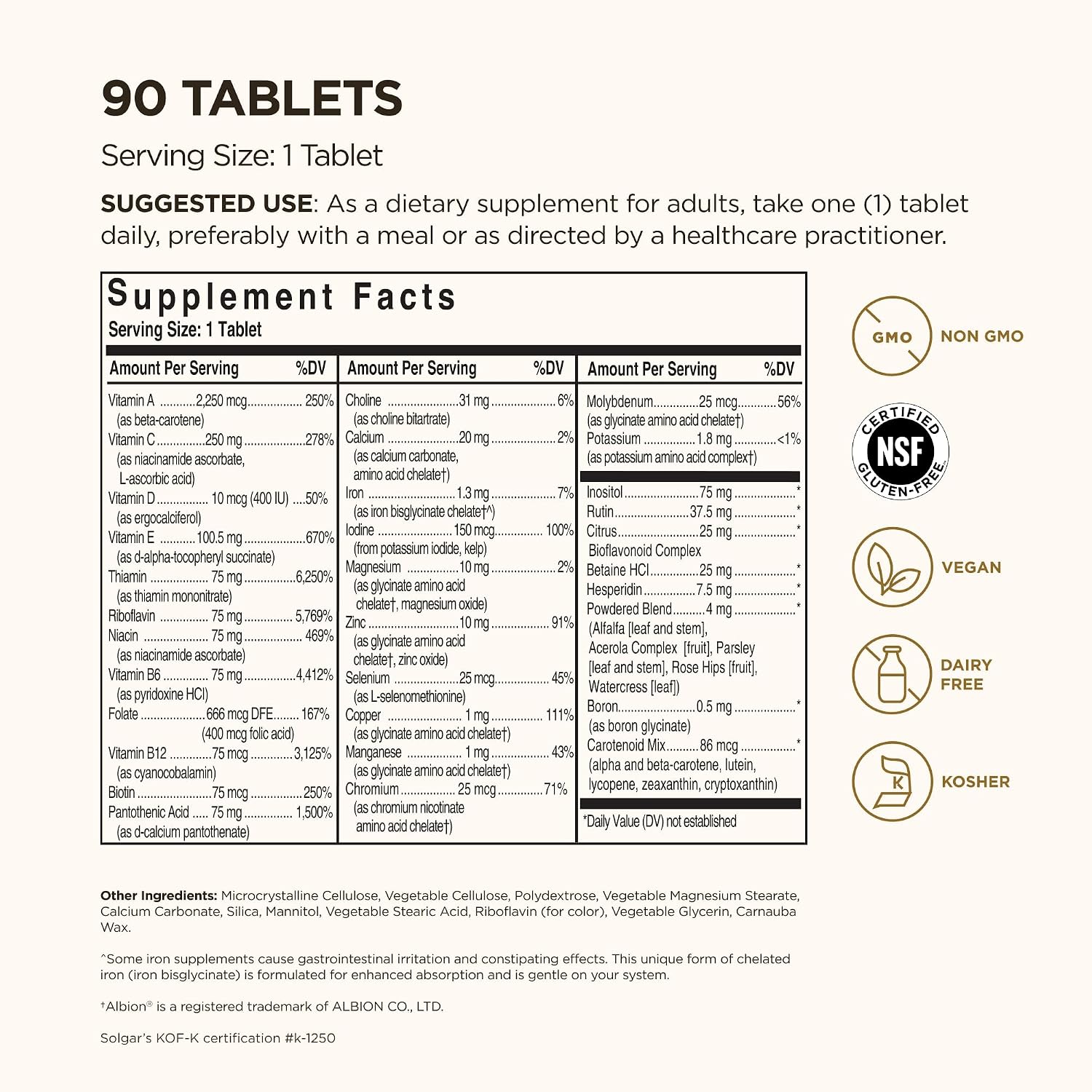 Solgar Formula VM-75, 90 Tablets - Vitamin A, B6, B12, C, D, E, Vegan | Multivitamin with Chelated Minerals - Biotin, Magnesium, Calcium, Iron, Zinc, Gluten Free, Dairy Free, Kosher - 90 Servings