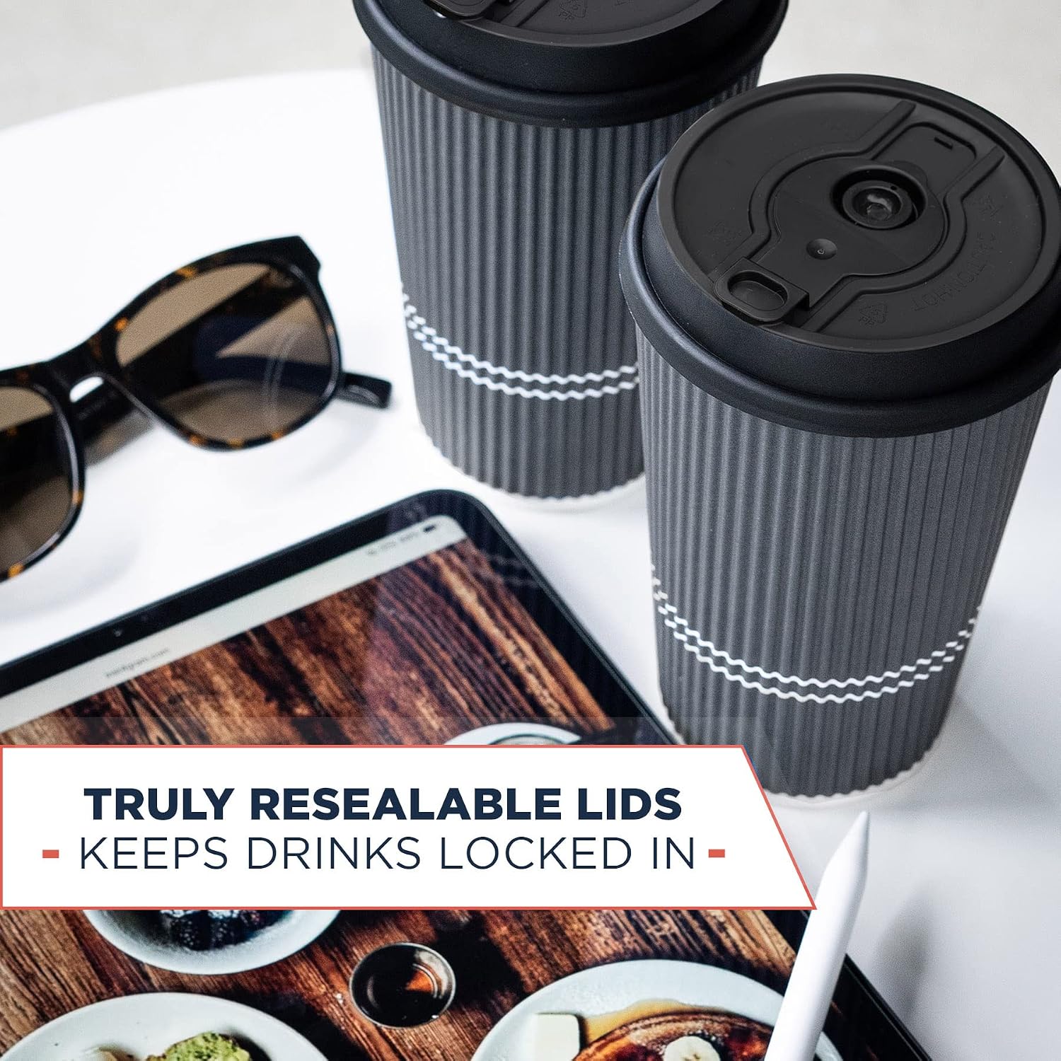 Disposable Coffee Cups With Lids - (80 set) 12 oz Paper To Go Coffee Cups With Resealable Lids Prevent Leaks! Travel Insulated Hot Beverage Drink Cup. Will Not Bend With Heat or Burn Fingers