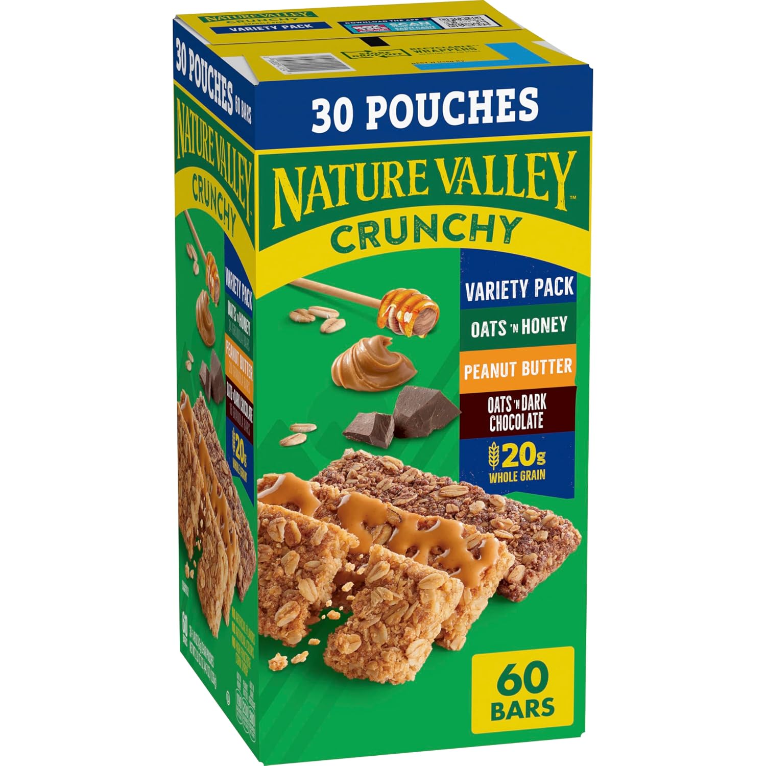 Nature Valley Crunchy Granola Bars, Value Pack, 60 ct, 44.7 oz | Oats & Honey and Peanut Butter Varieties, 2-Bar Pouches, Whole Grain Oats, No Artificial Flavors