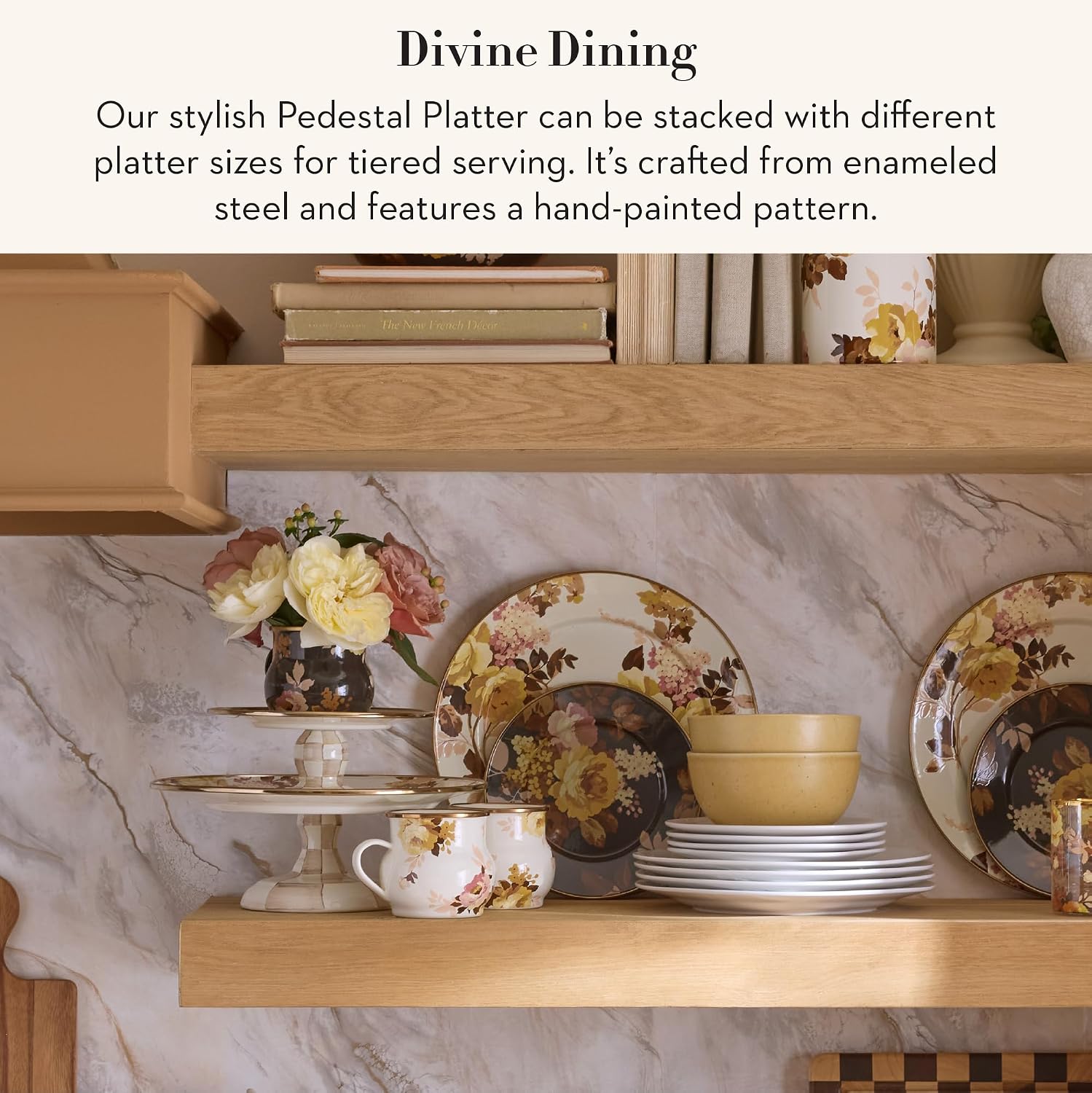 MACKENZIE-CHILDS Pedestal Platter, Mini, Black-and-White Courtly Check | Hand-painted design, made from enameled steel, stackable round cake stand for serving desserts, 8" dia. x 3" H