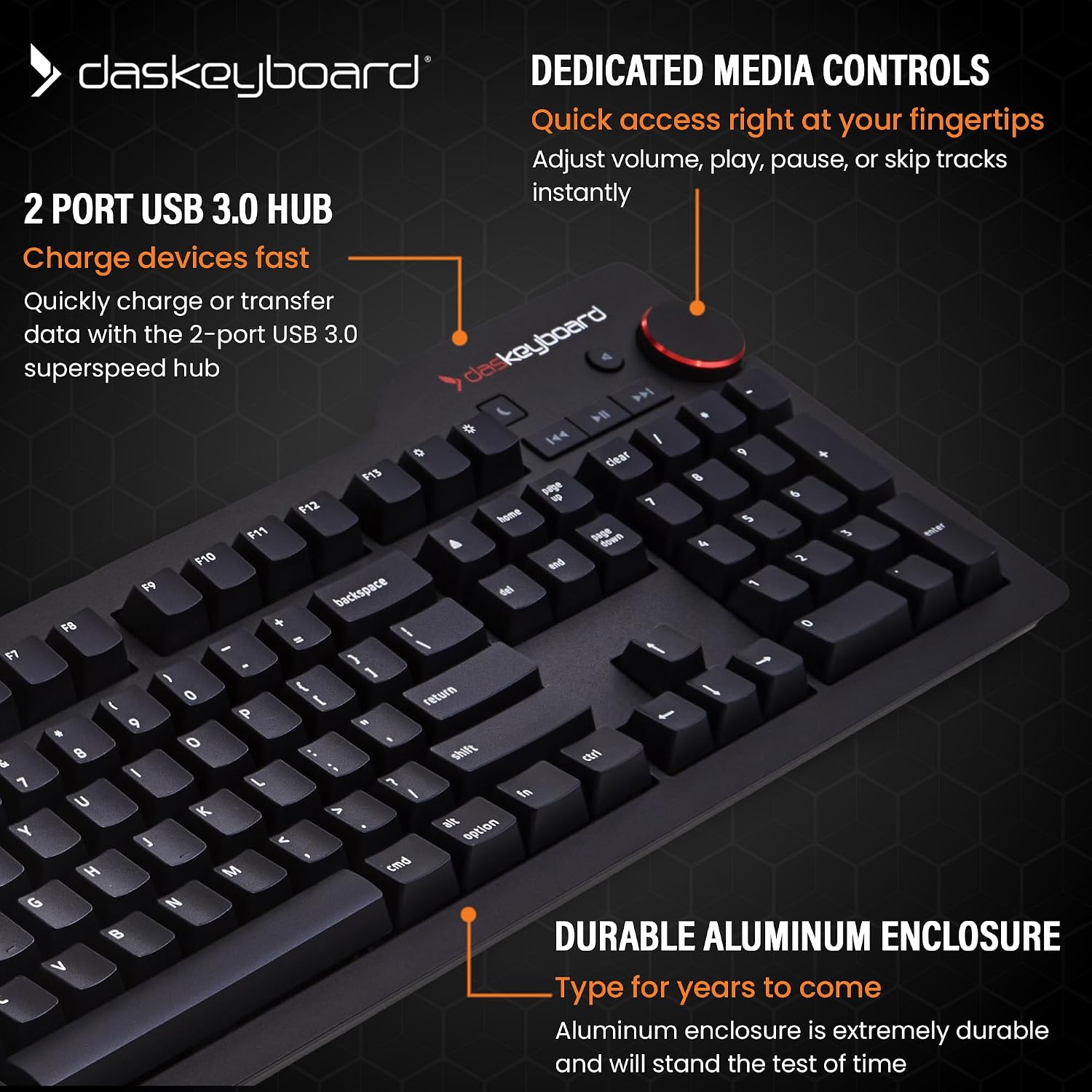 Das Keyboard 4 Professional for Mac Wired Mechanical Keyboard, Cherry MX Blue Mechanical Switches, 2-Port USB 3.0 Hub, Volume Knob, Aluminum Top (104 Keys, Black)