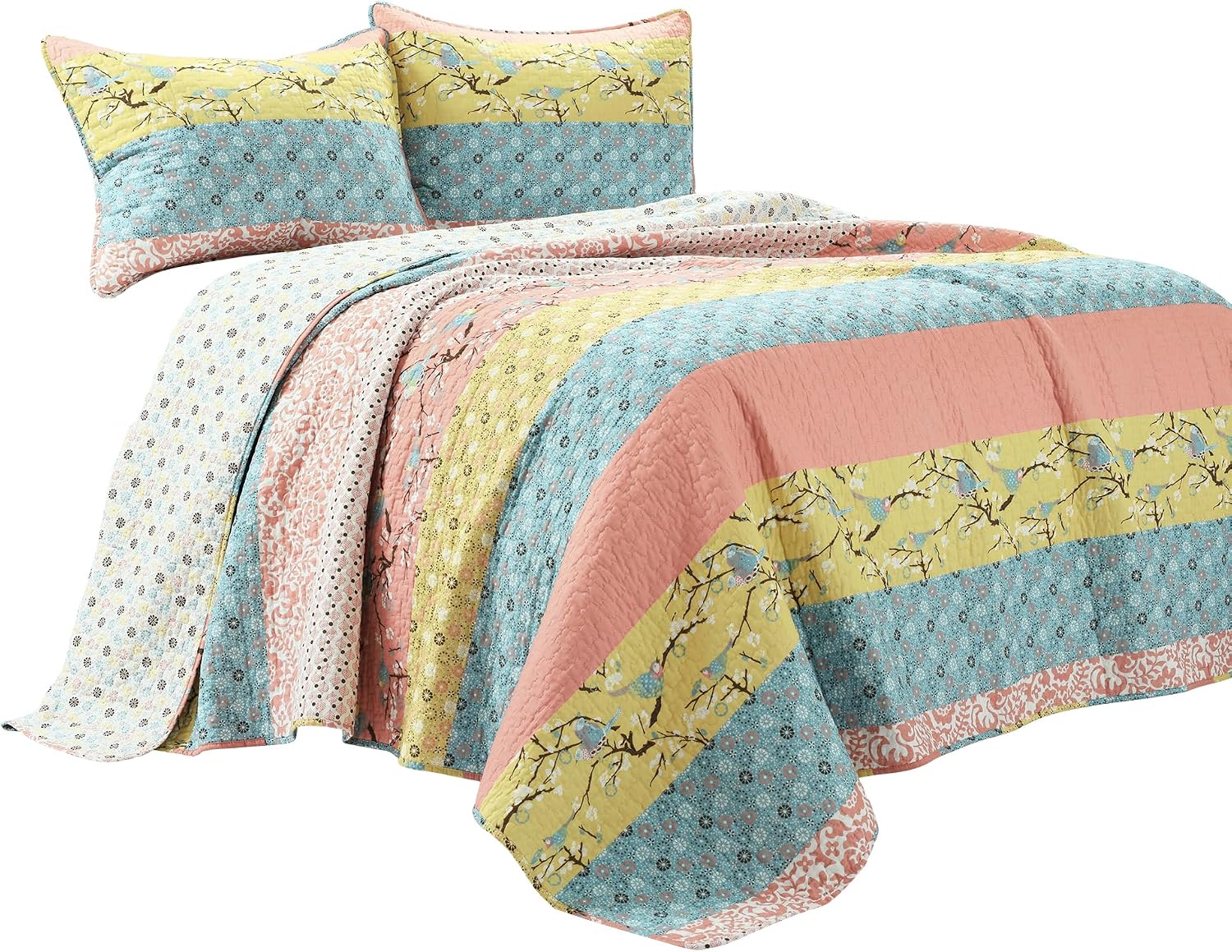 Lush Decor Royal Empire Reversible Cotton Quilt Set, 3 Piece Set Full/ Queen, Plum - Striped Bedding Set - Floral Quilt Queen Size - Purple Bedding - Boho Decor